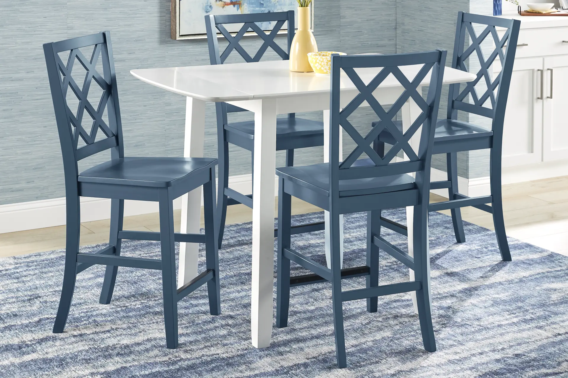 Concord White 5 Pc Counter Height Drop Leaf Dining Room with Blue Diamond Back Stools