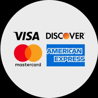 Visa, Discover, Mastercard, and American Express logos.
