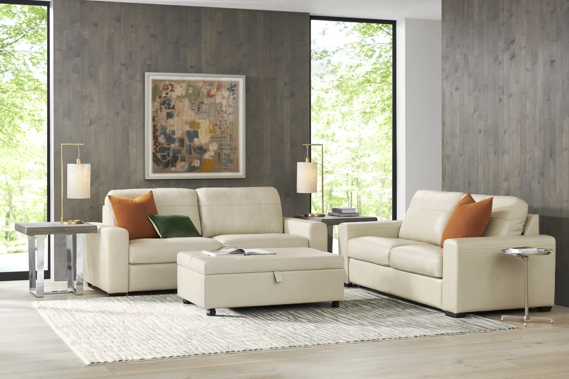 Parker Cream Leather 5 Pc Living Room with Ottoman Sleeper - Image 1