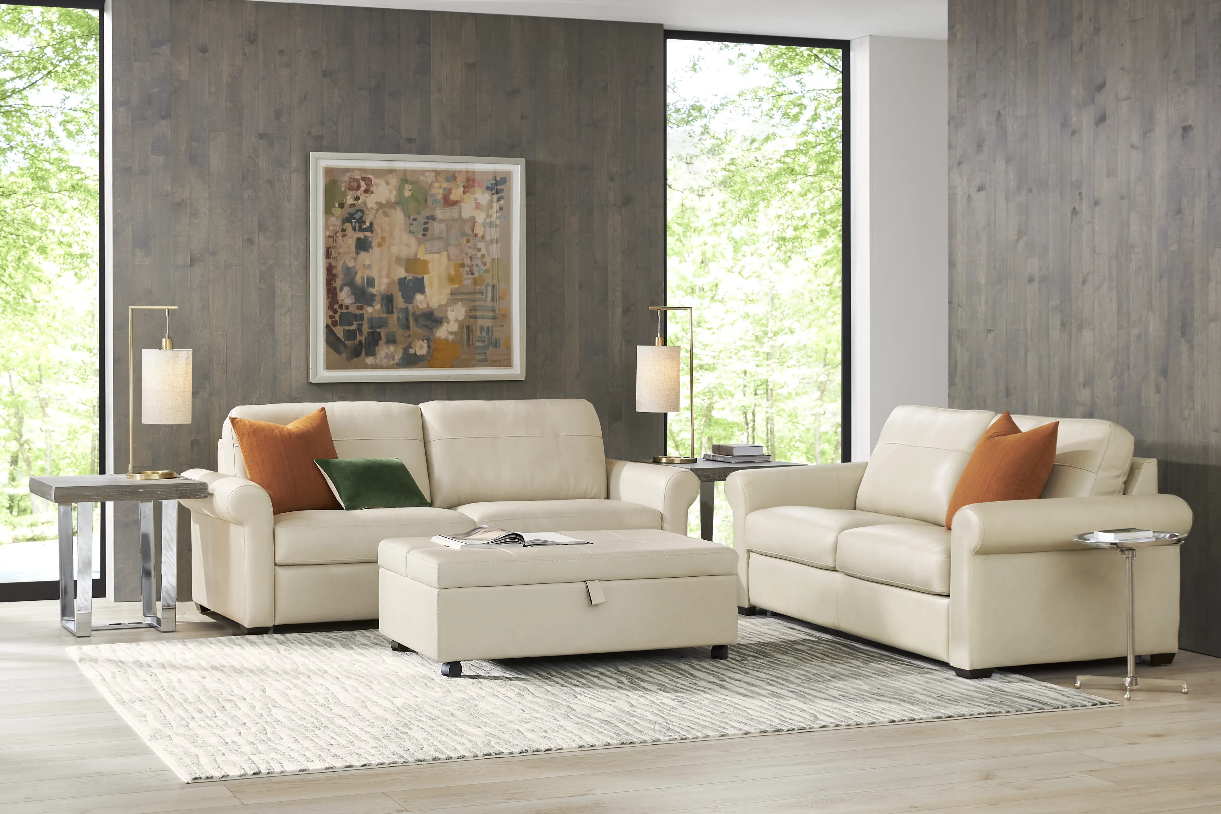 Parker Cream Leather 5 Pc Living Room with Ottoman Sleeper - Thumbnail - Image 1