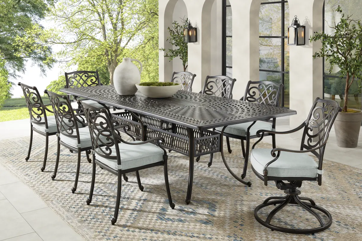 Carina Bronze 9 Pc 87-112 in. Rectangle Extension Outdoor Dining Set with Sky Cushions