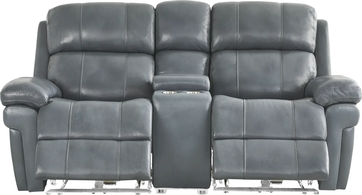 Trevino Lane Blue Leather Dual Power Reclining Console Loveseat