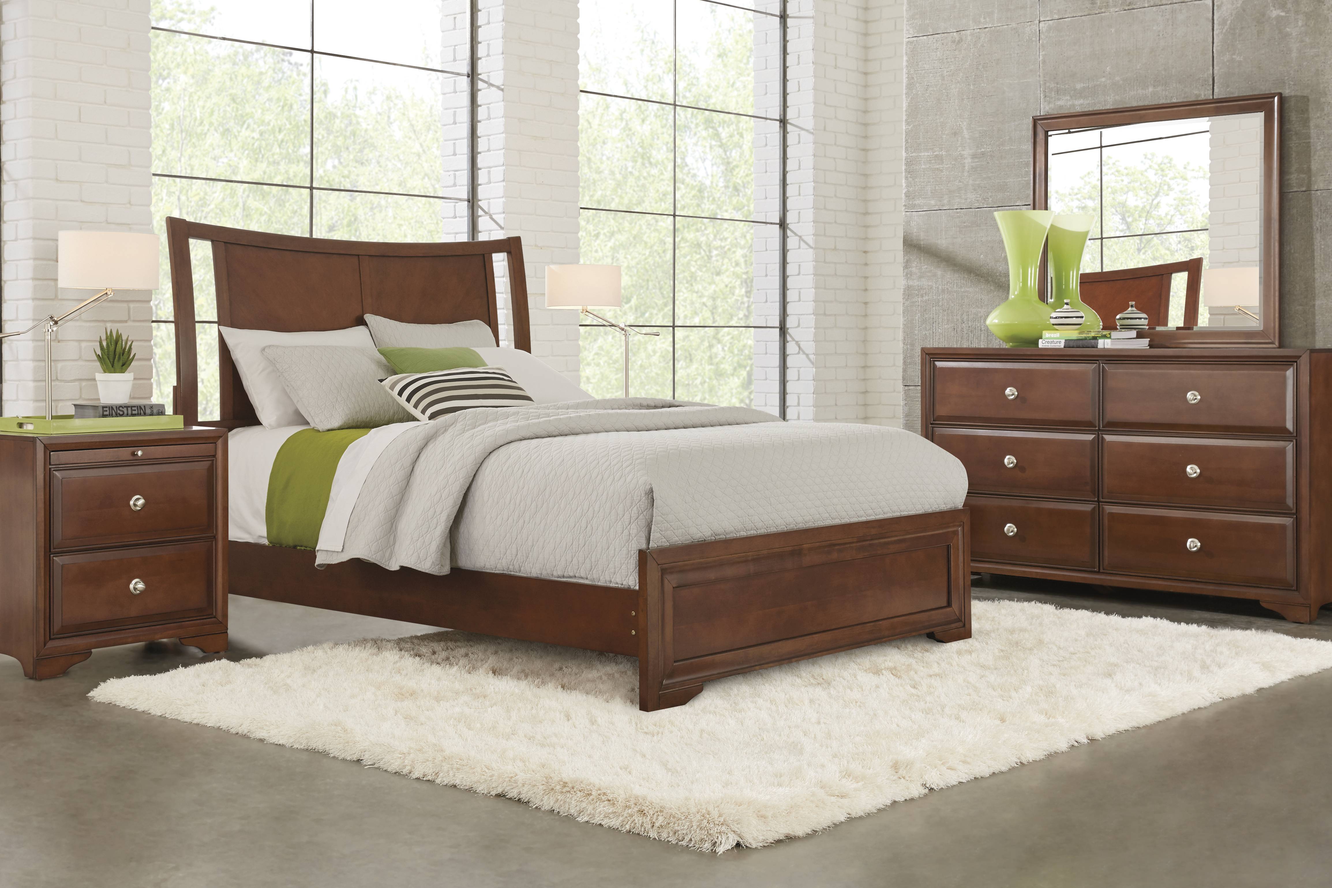 Belcourt Brown Cherry Finish 3 Pc Queen Curved Sleigh Panel Bed