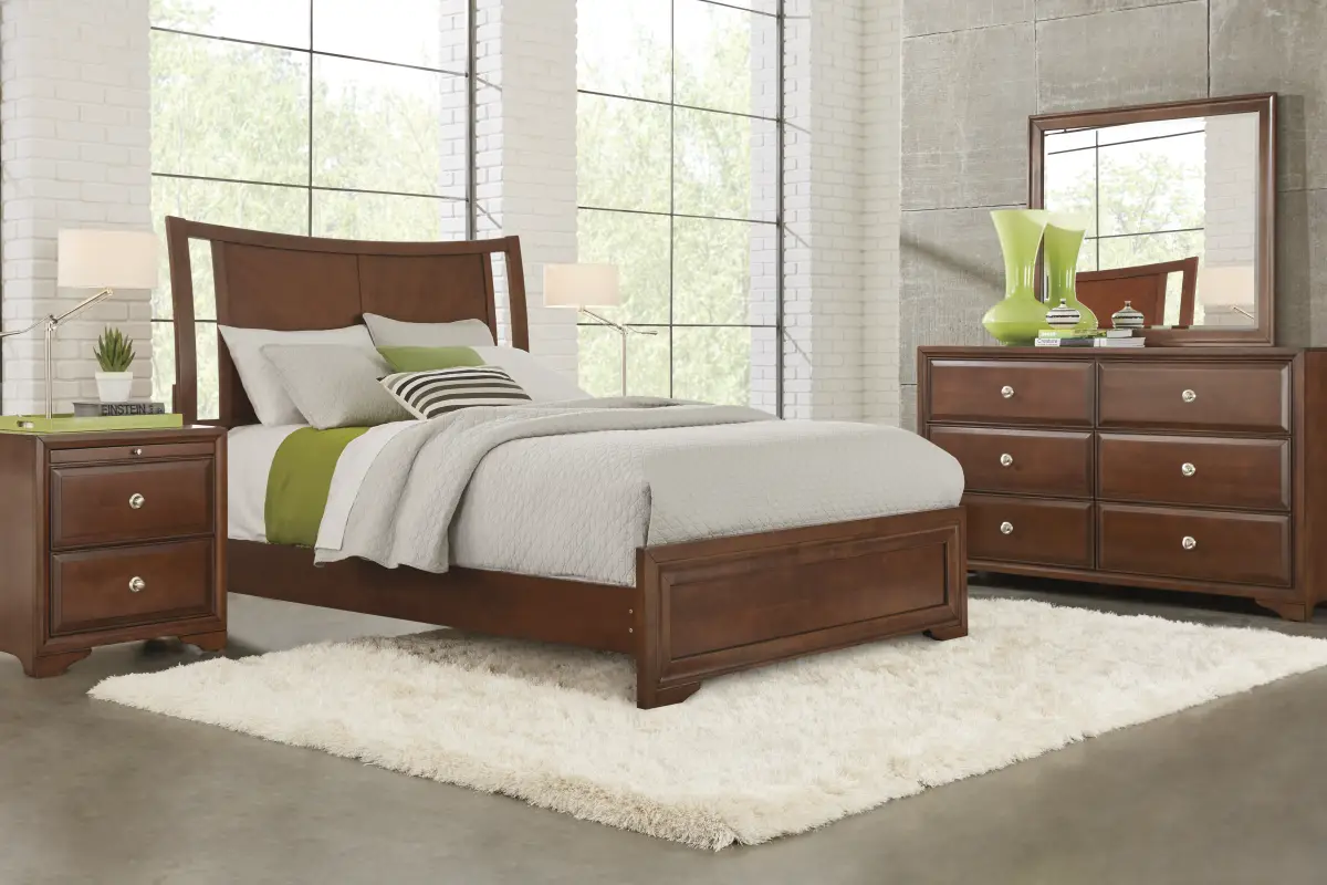 Belcourt Brown Cherry Finish 3 Pc Queen Curved Sleigh Panel Bed