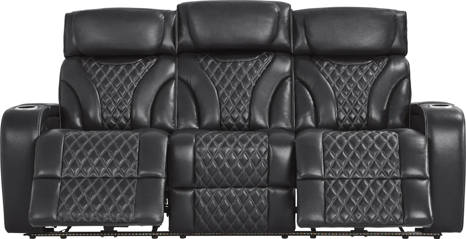 Horizon Ridge Black Leather Triple Power Reclining Sofa with Massage and Heat