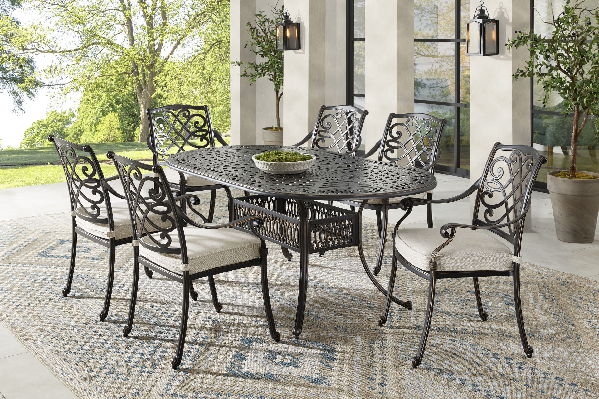 Carina Bronze 7 Pc Oval Outdoor Dining Set with Desert Cushions - Image 1
