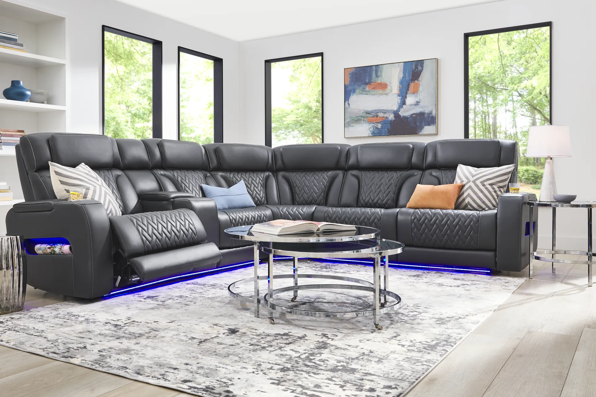 Encore Black Leather 6 Pc Triple Power Reclining Sectional Living Room - Image 1