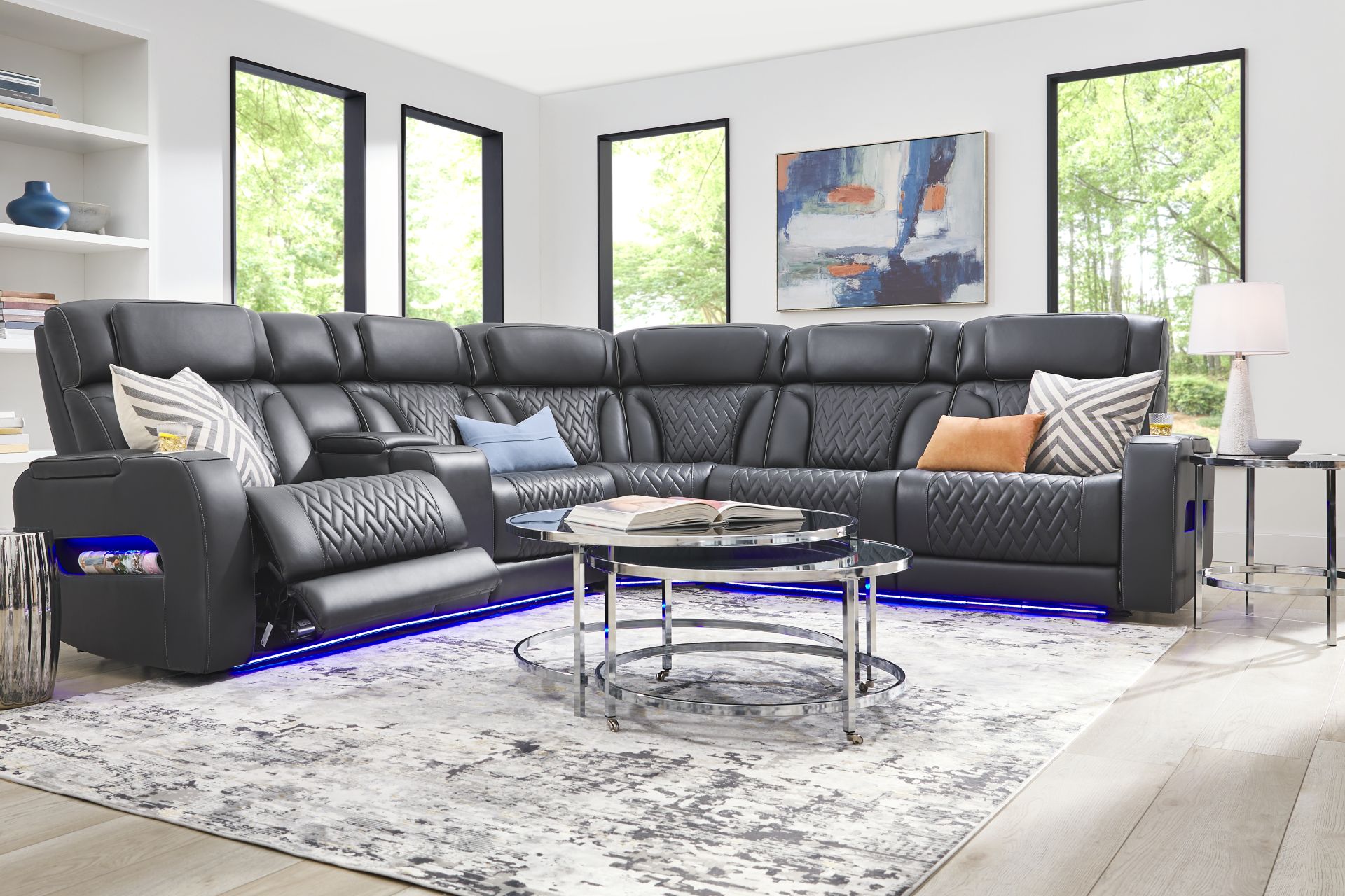 Encore Black Leather 6 Pc Triple Power Reclining Sectional Living Room - Image 1
