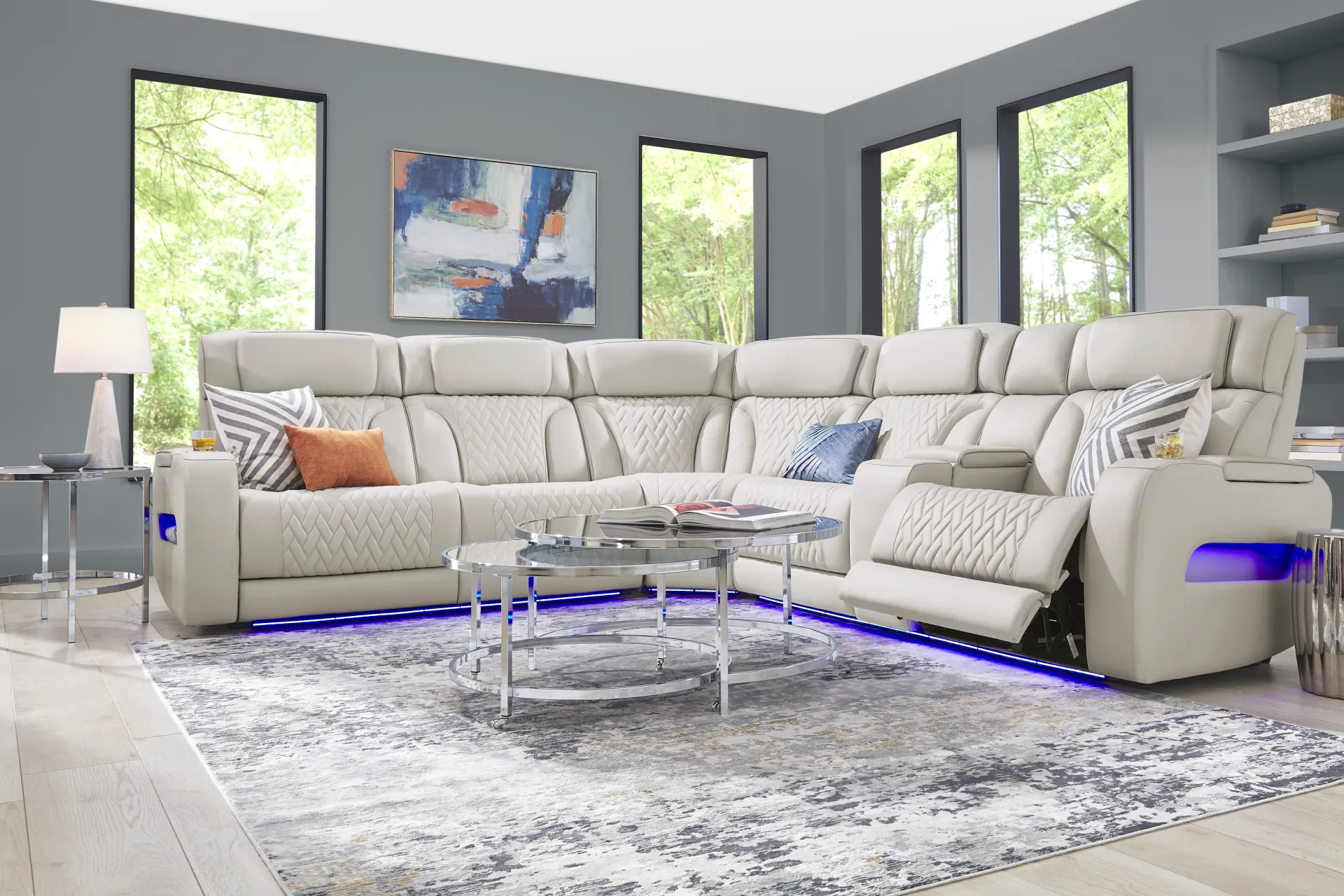 Encore Gray Leather 3 Pc Triple Power Reclining Sectional - Image 1