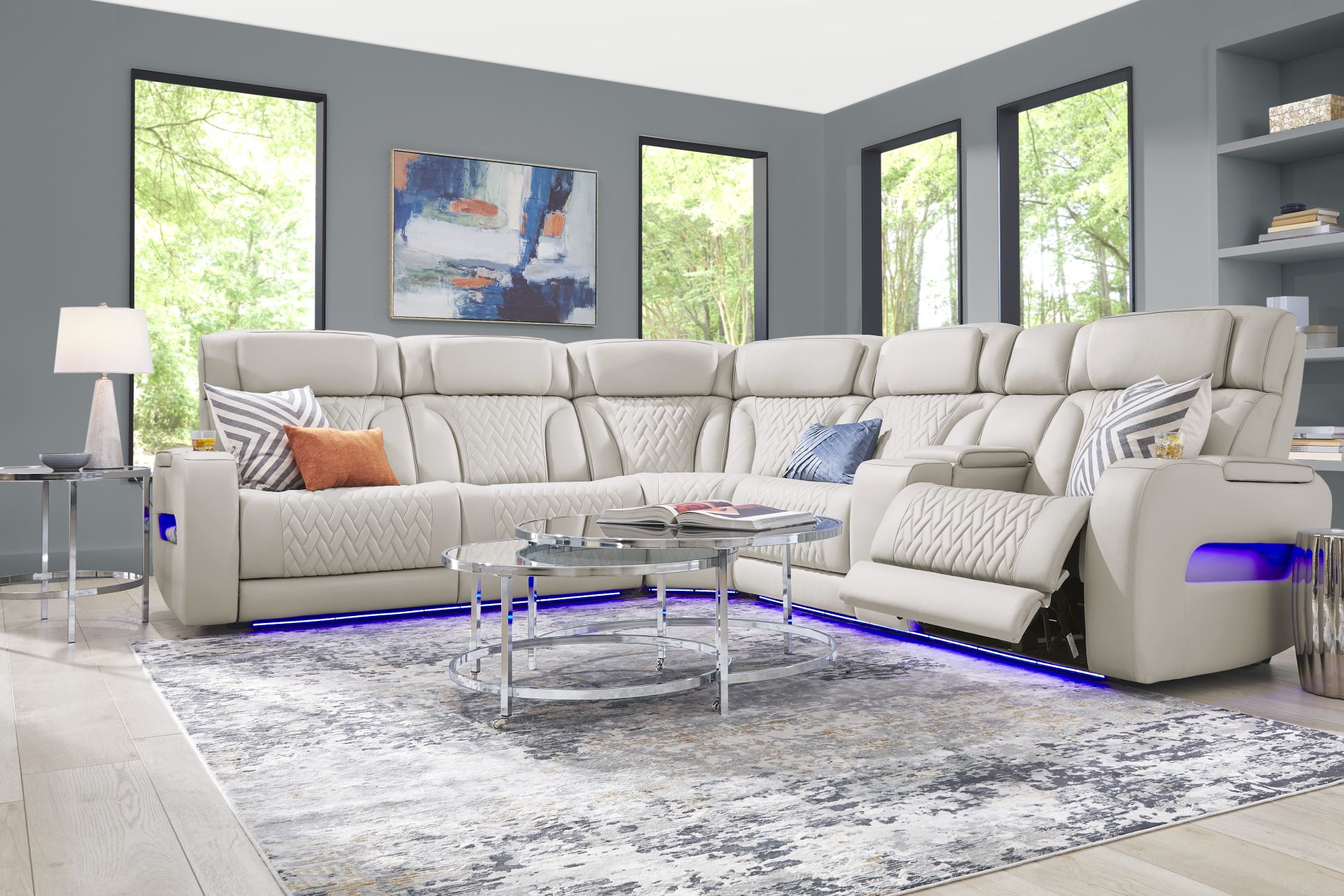 Encore Gray Leather 6 Pc Triple Power Reclining Sectional Living Room - Image 1