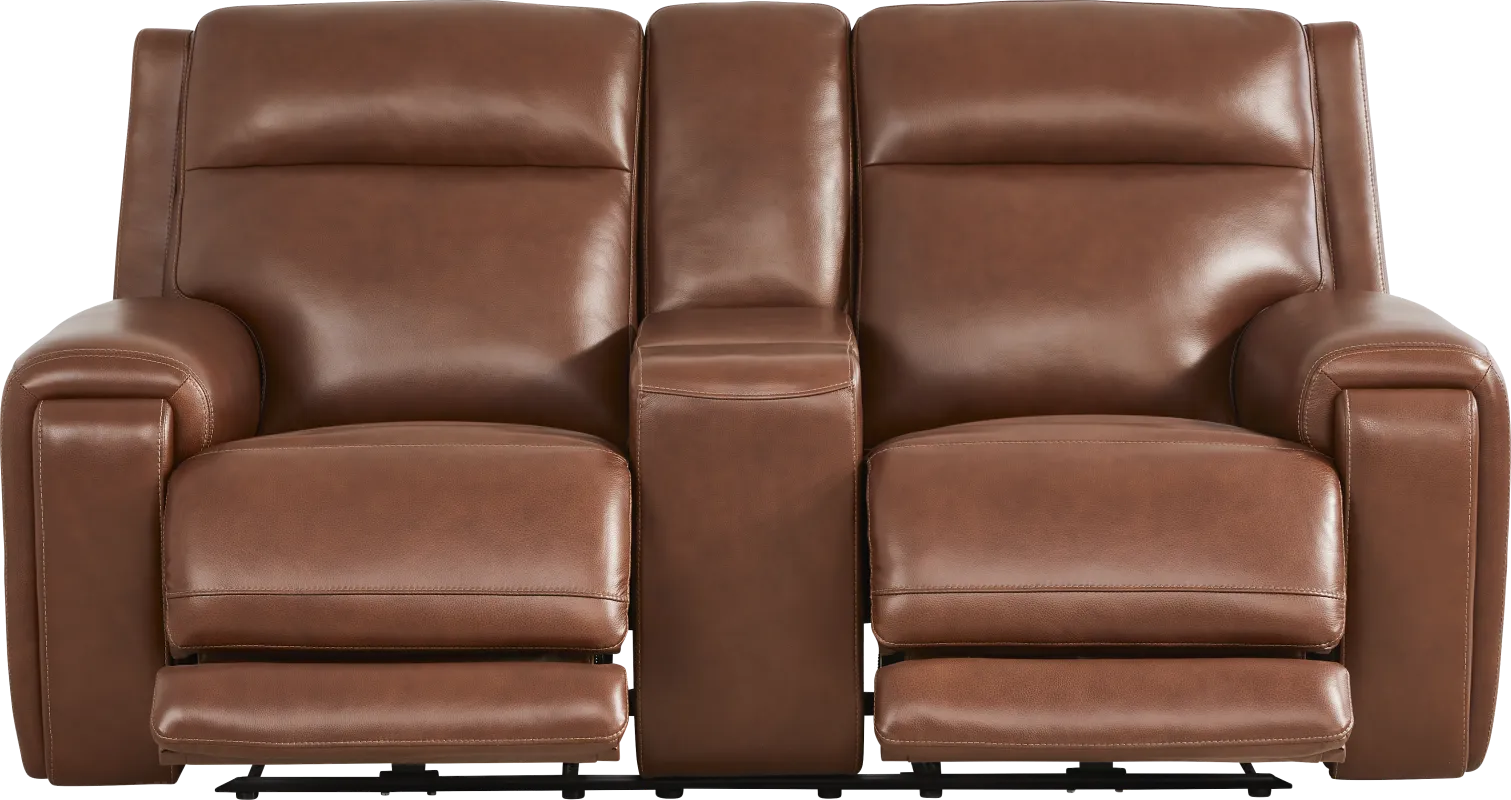 Hammond Park Brown Leather Triple Power Reclining Console Loveseat