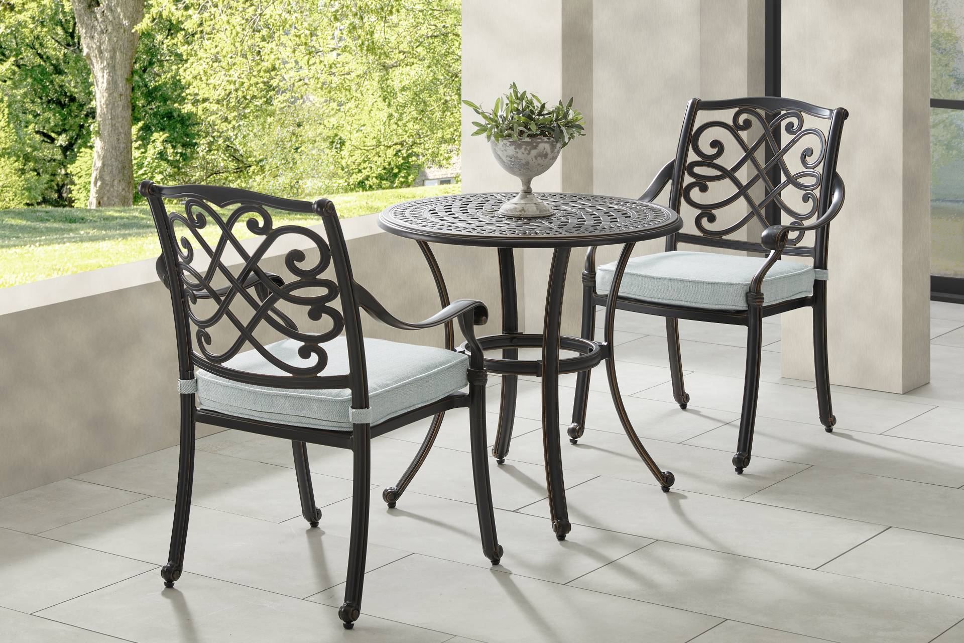 Carina Bronze 3 Pc 30 in. Round Outdoor Dining Set with Sky Cushions full room
