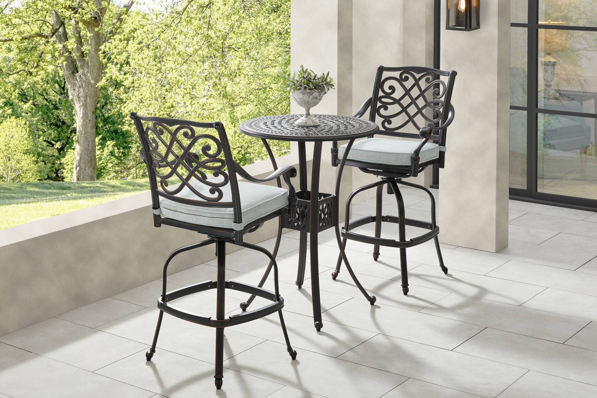 Carina Bronze 3 Pc 30 in. Round Bar Height Outdoor Dining Set with Sky Cushions - Image 1