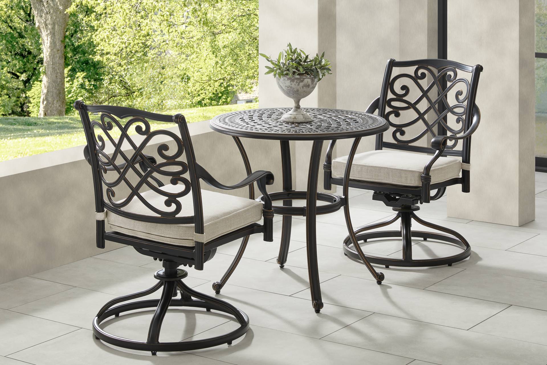 Carina Bronze 3 Pc 30 in. Round Outdoor Dining Set with Desert Cushions full room