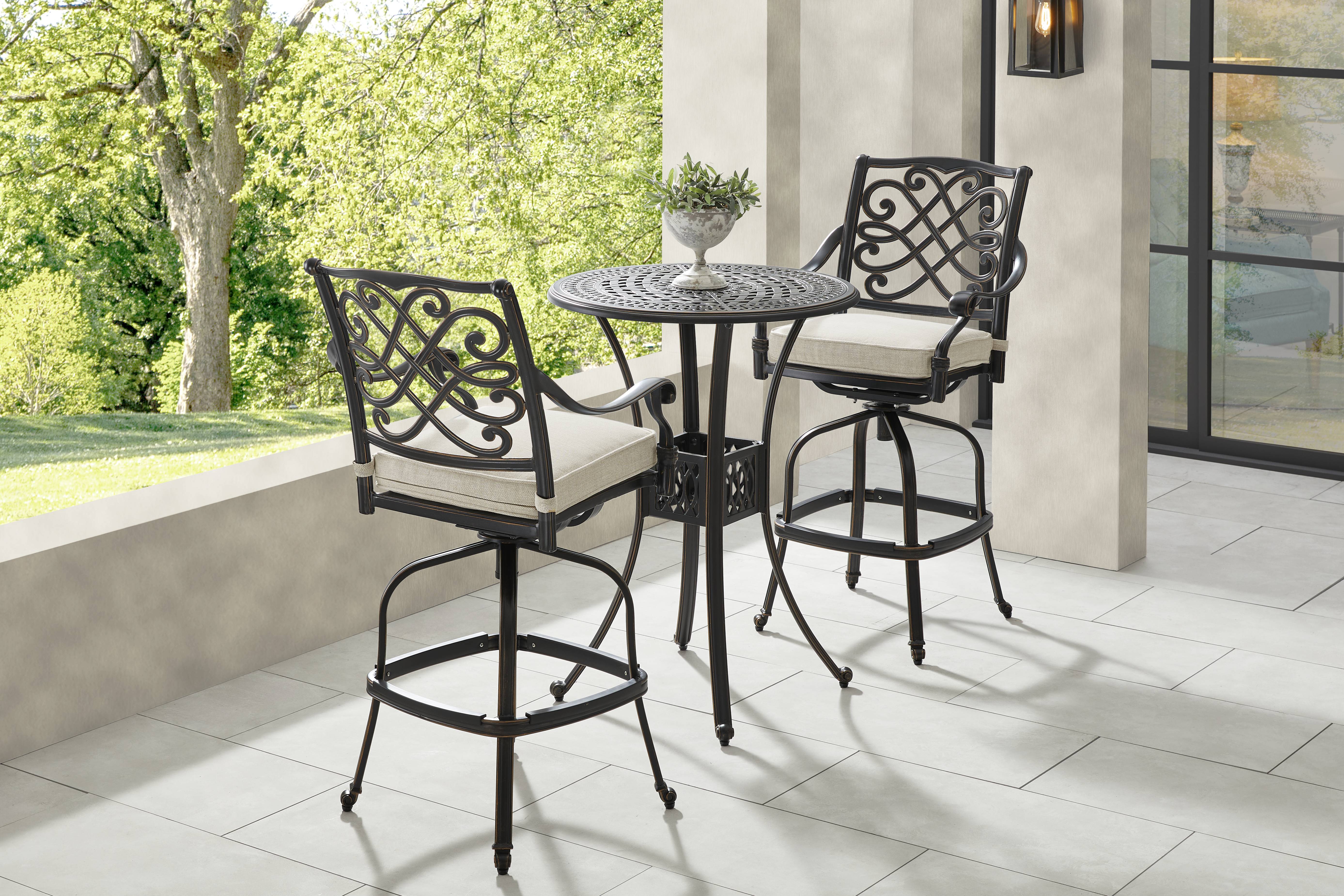 Carina Bronze 3 Pc 30 in. Round Bar Height Outdoor Dining Set with Desert Cushions - Thumbnail - Image 1