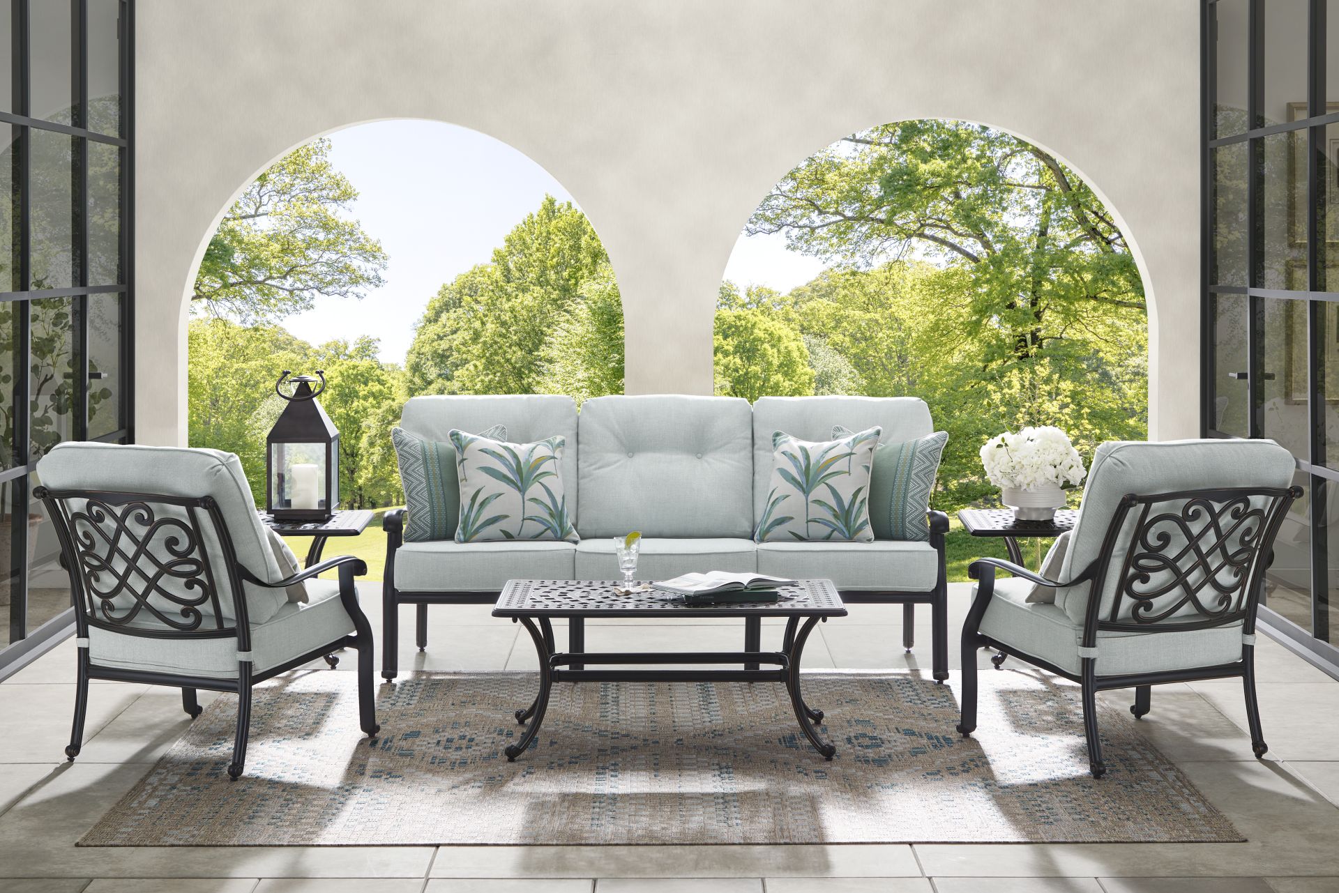 Carina Bronze 3 Pc Outdoor Seating Set with Sky Cushions - Image 1