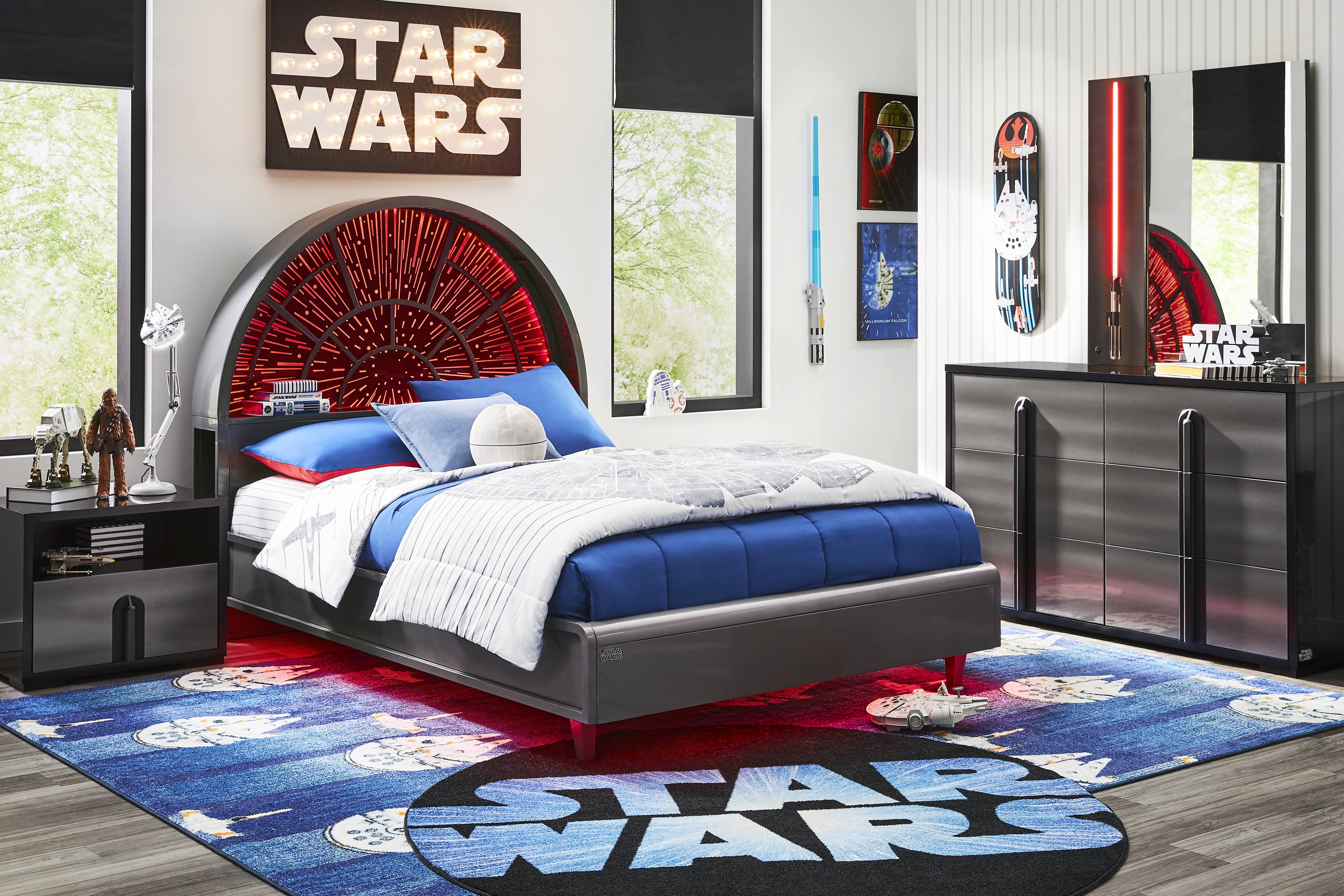 Star Wars Black Lighted Bedroom with Millennium Falcon Lightspeed Carbonite Full Platform Bed - Thumbnail - Image 1