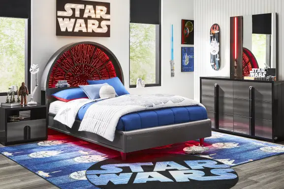 Star Wars Black Lighted Bedroom with Millennium Falcon Lightspeed Carbonite Full Platform Bed