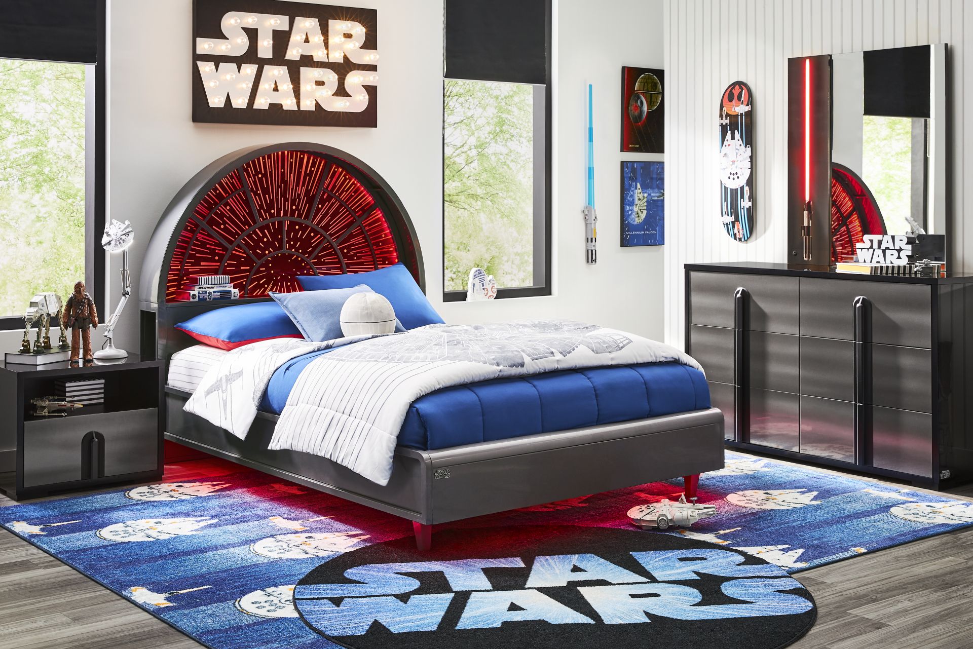 Star Wars Black Lighted Bedroom with Millennium Falcon Lightspeed Carbonite Full Platform Bed - Image 1