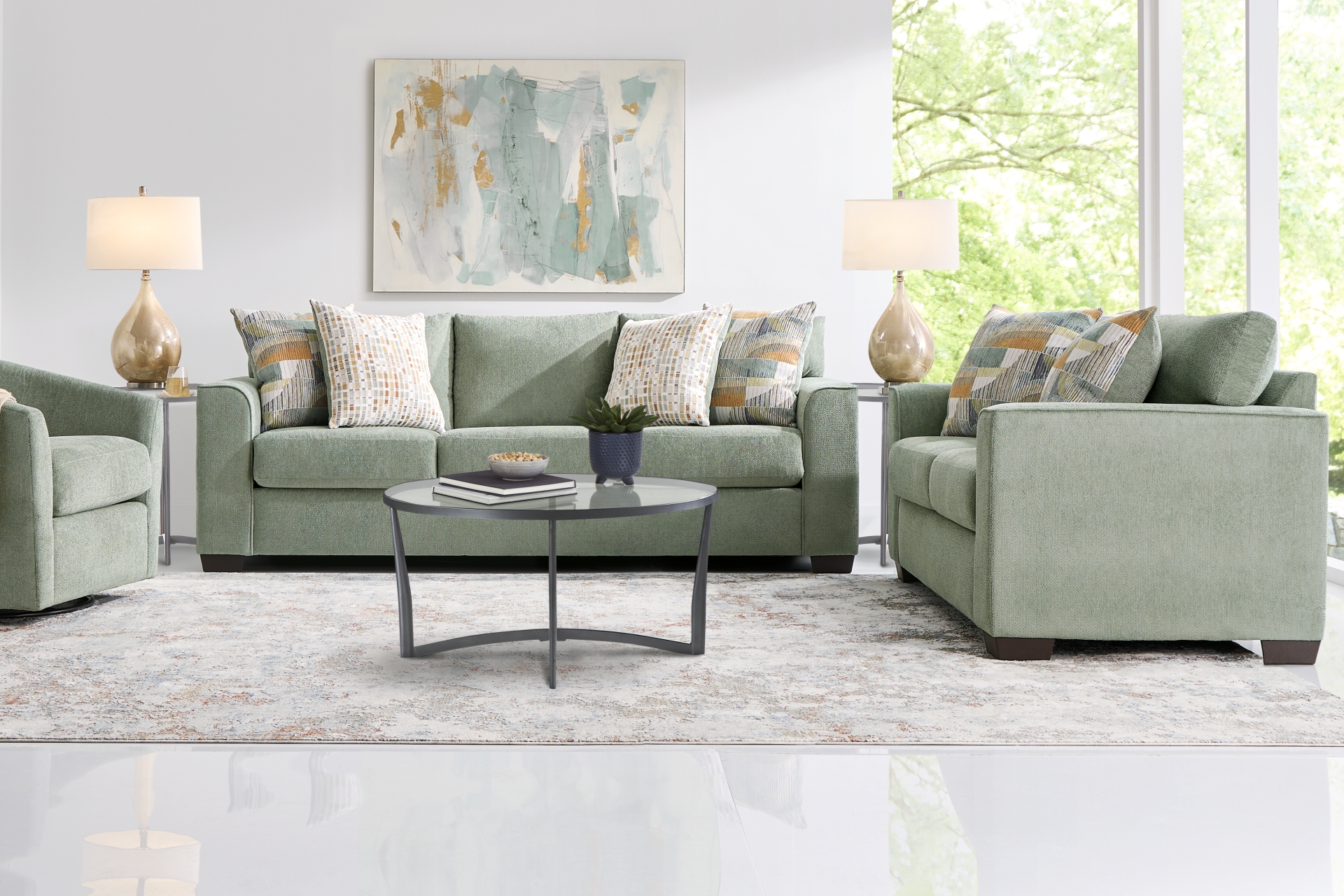 Delcrest Green 7 Pc Living Room with Sleeper Sofa full room