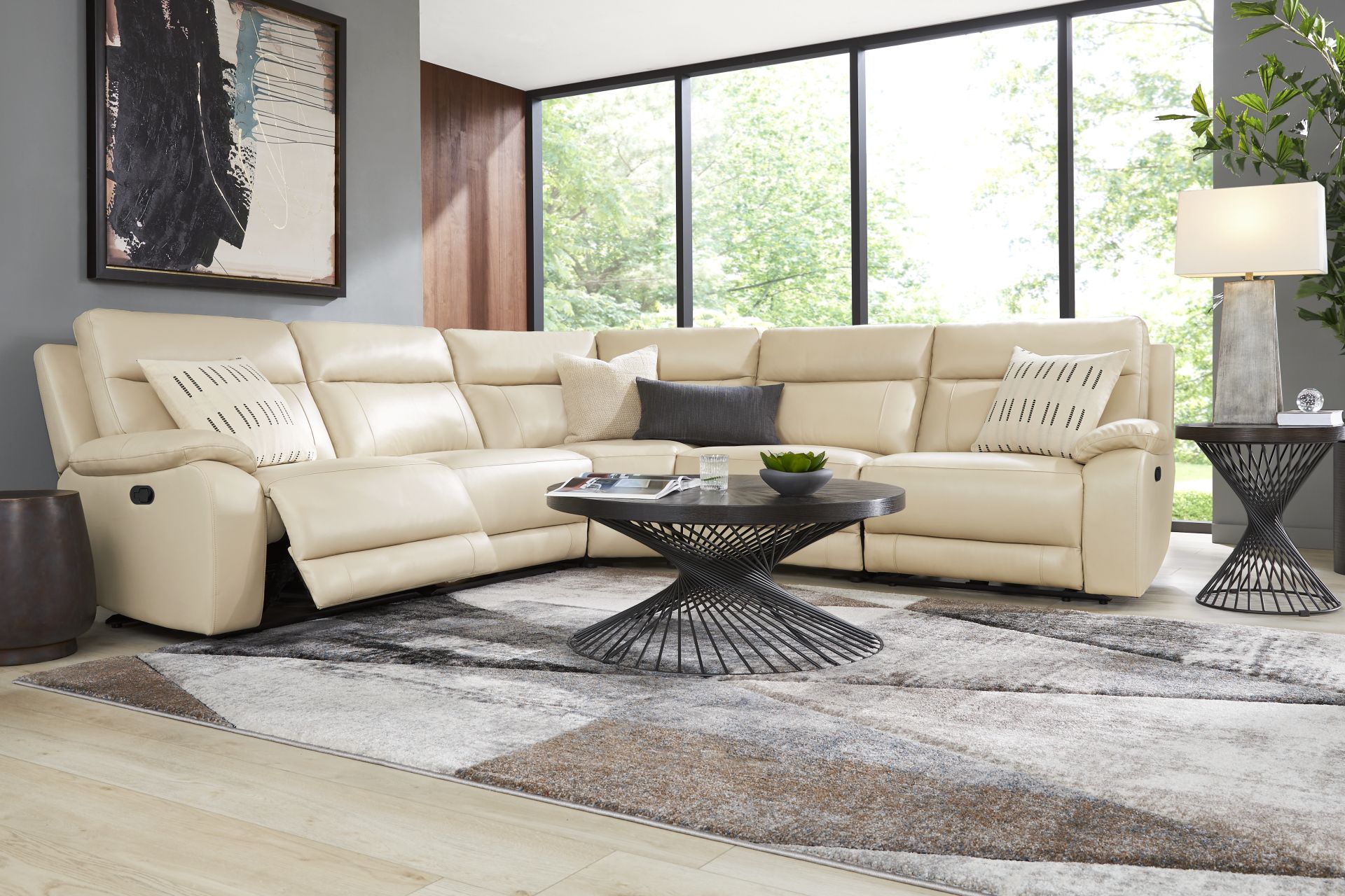 Delaney Point Beige Leather 5 Pc Reclining Sectional - Image 2