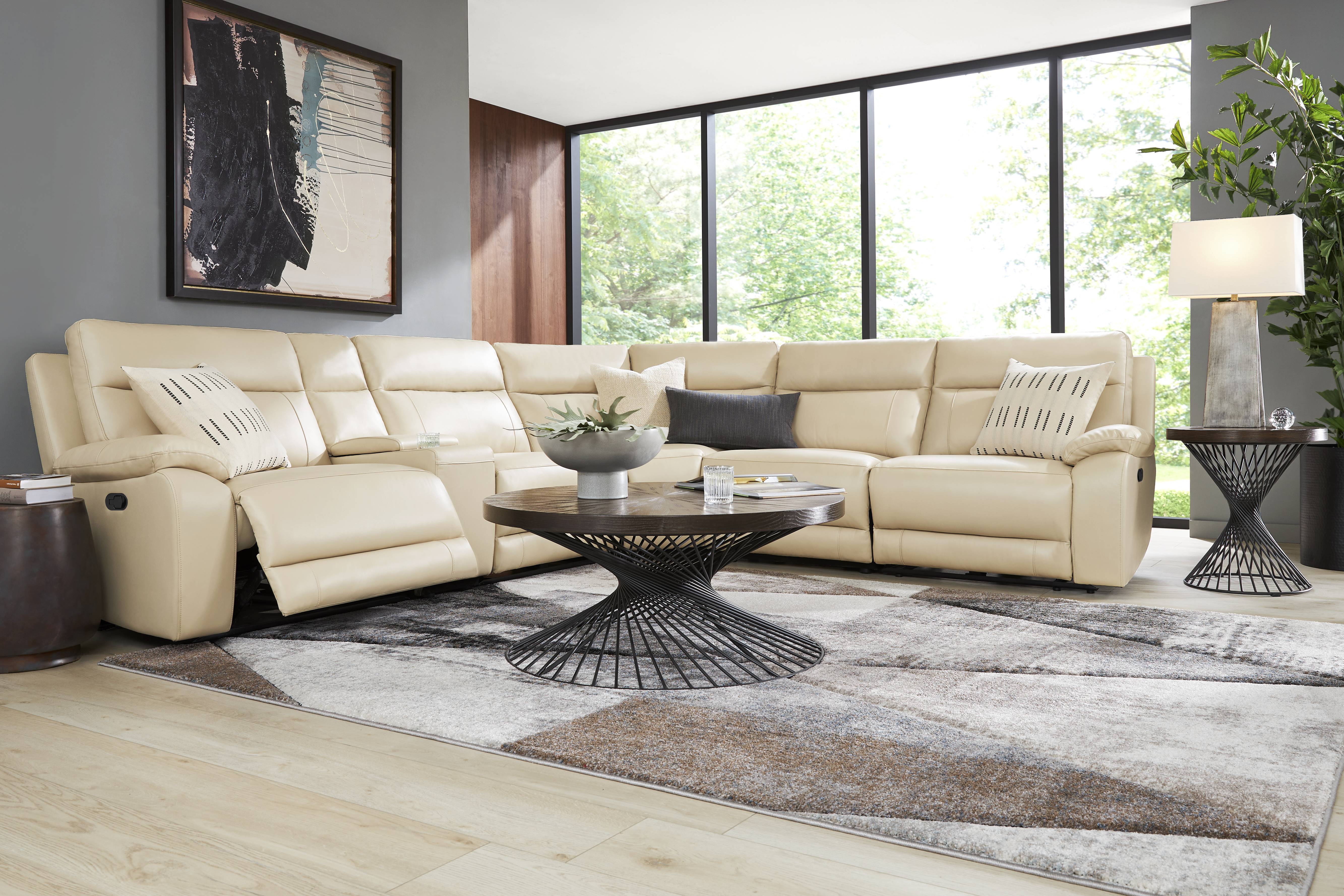 Delaney Point Beige Leather 6 Pc Reclining Sectional