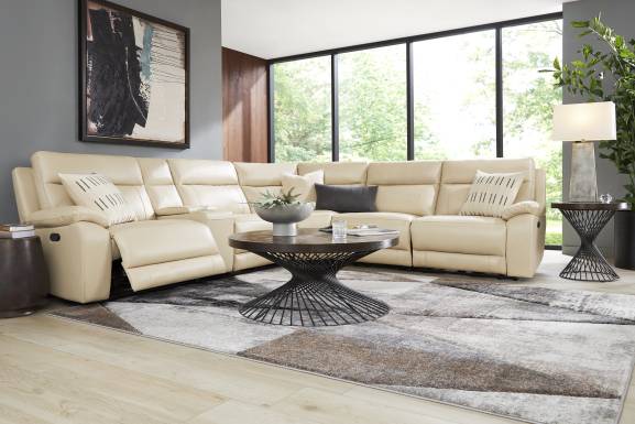 Delaney Point Beige Leather 6 Pc Reclining Sectional