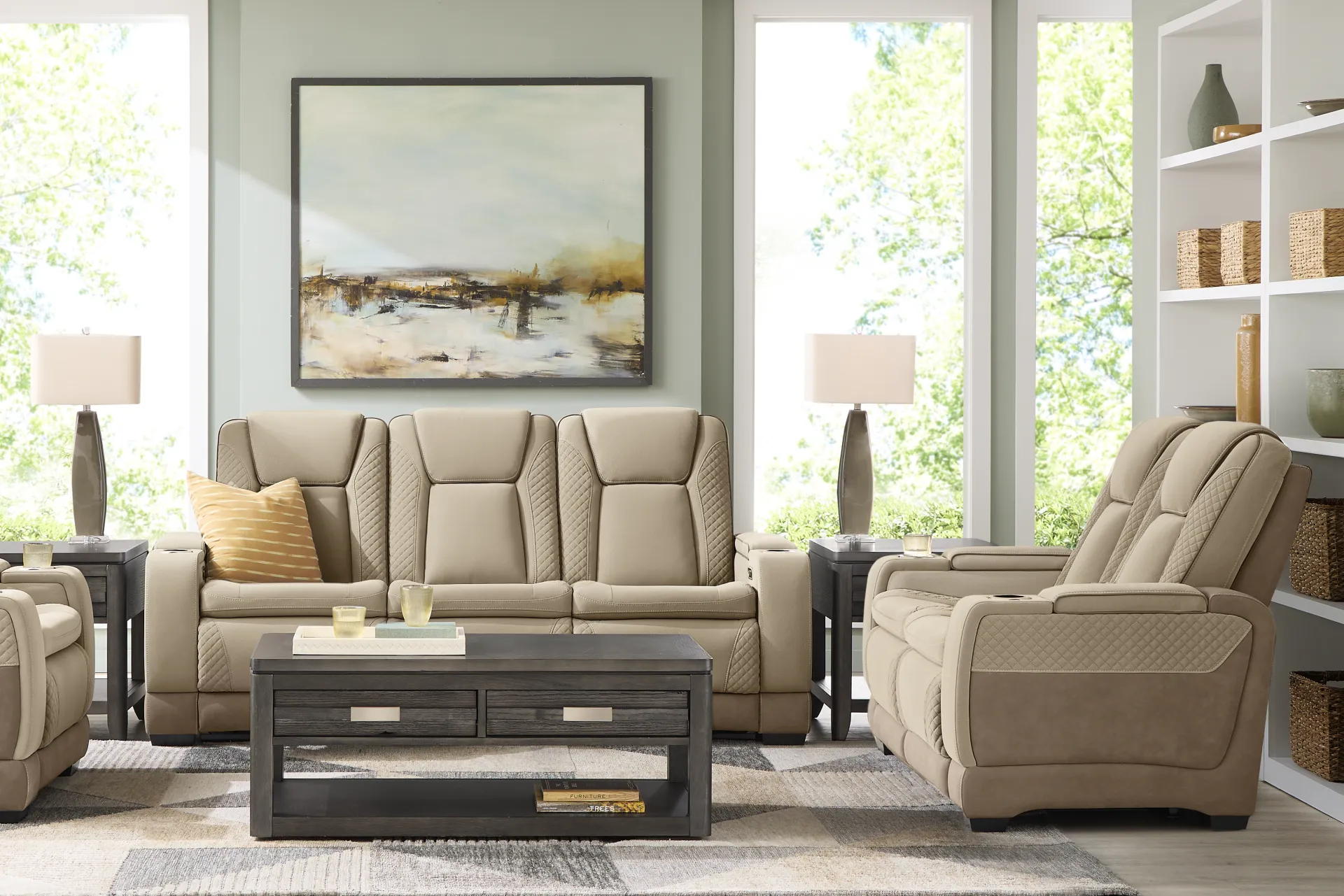 Donovan Park Beige Dual Power Reclining Sofa - Image 1