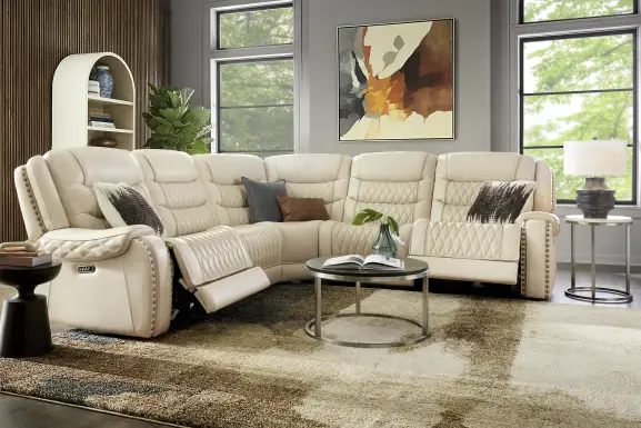 Marquee Cream Leather 5 Pc Triple Power Reclining Sectional