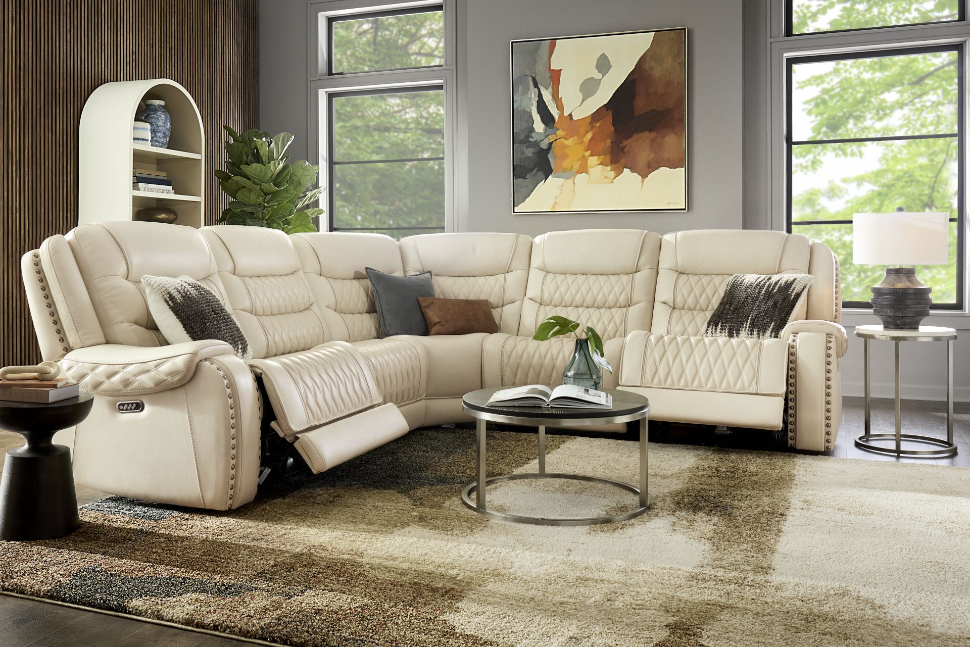 Marquee Cream 5 Pc Leather Triple Power Reclining Sectional - Image 2
