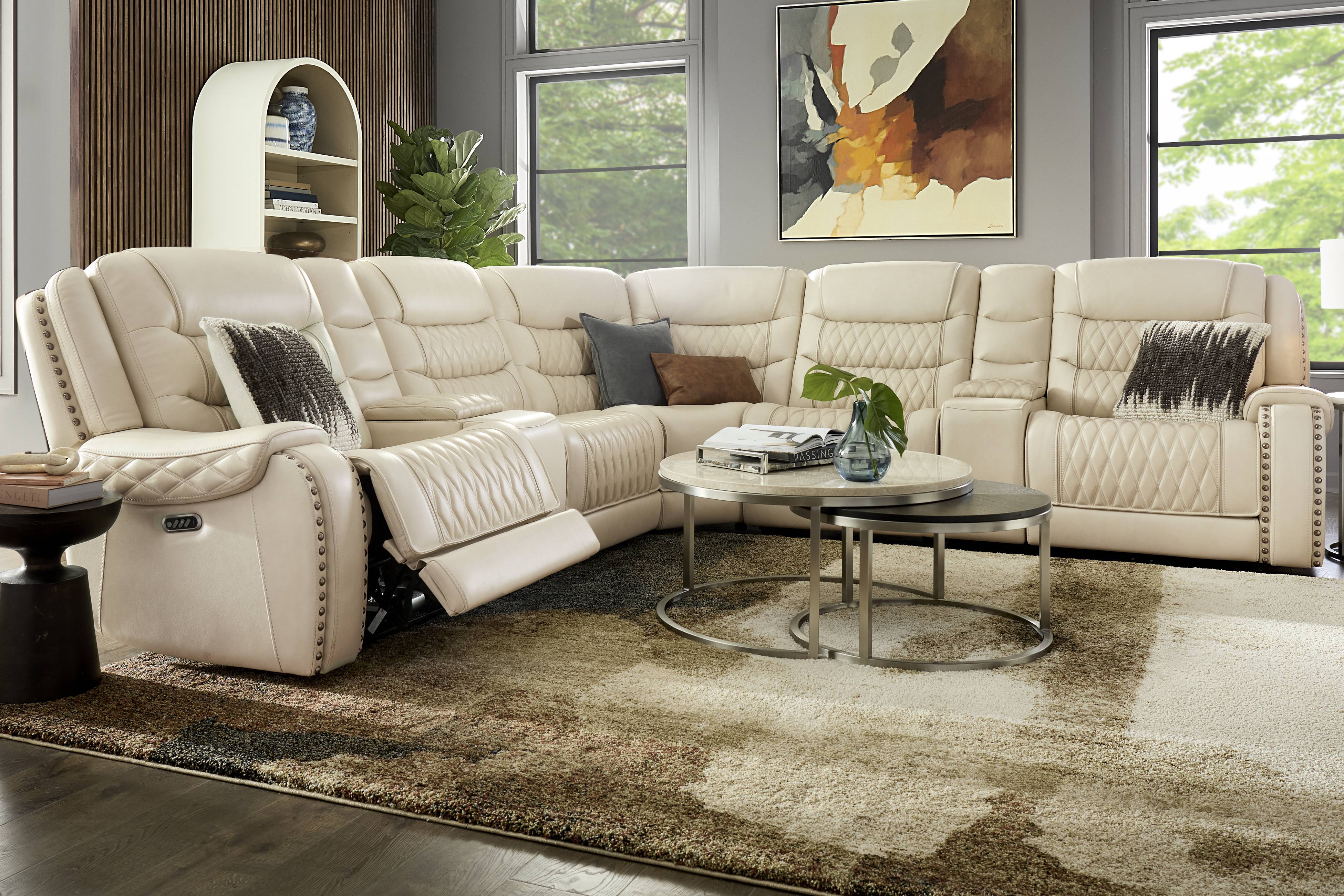 Marquee Cream Leather 7 Pc Triple Power Reclining Sectional