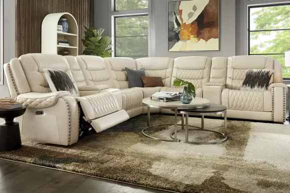 Marquee Cream Leather 7 Pc Triple Power Reclining Sectional