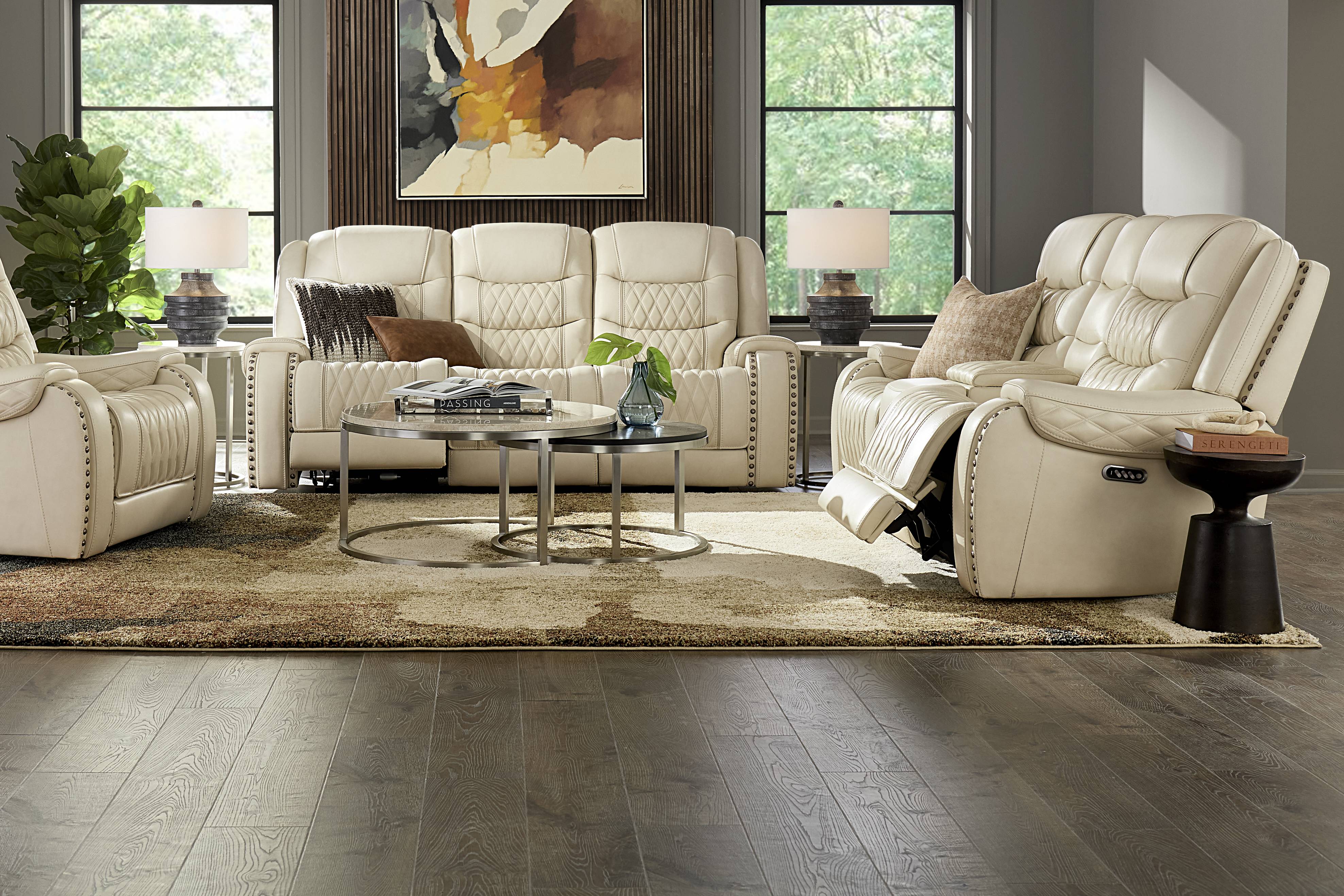 Marquee Cream Leather Triple Power Reclining Loveseat