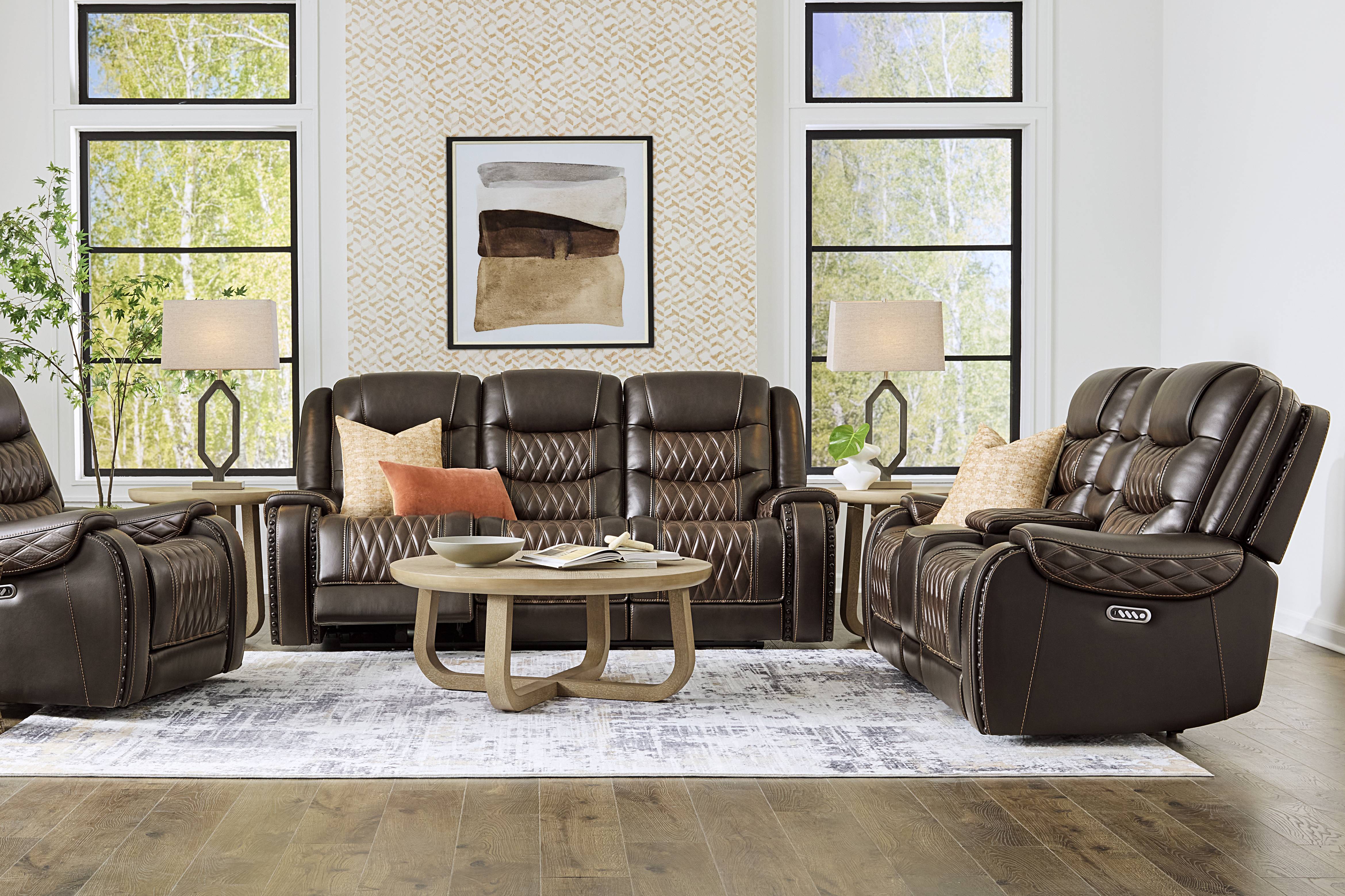 Marquee Brown Leather Triple Power Reclining Loveseat
