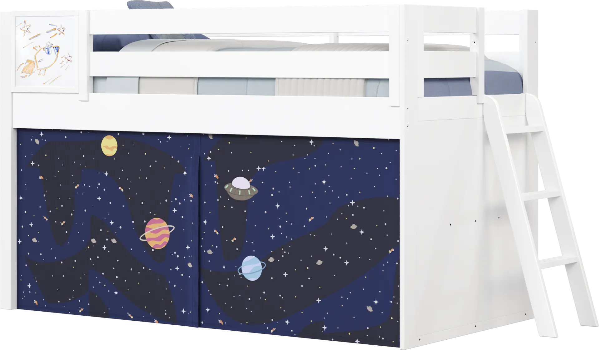 Kids Blast Off White Twin Loft Bed with Activity Panel - Image 1