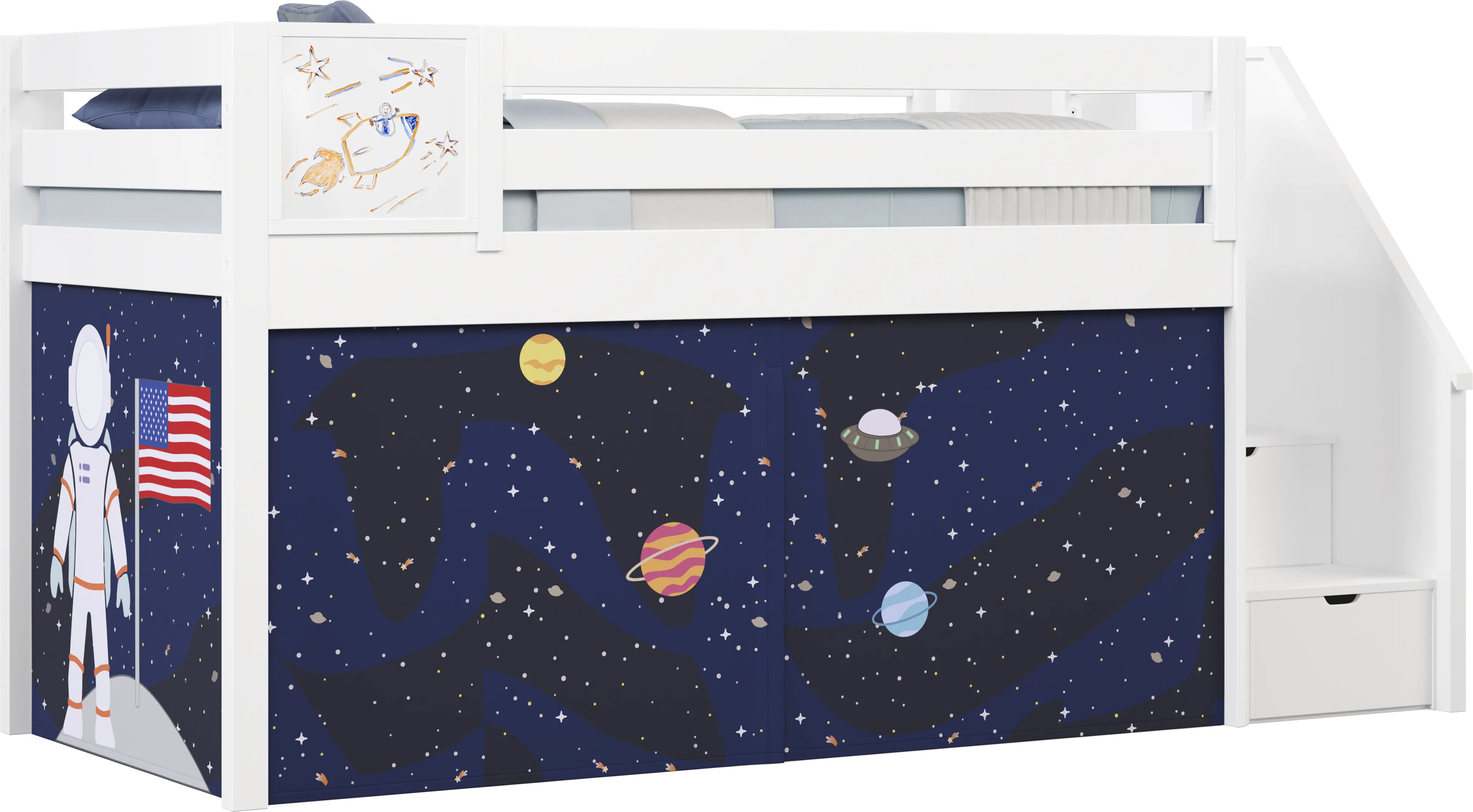 Kids Blast Off White Twin Step Loft Bed with Activity Panel - Thumbnail - Image 1