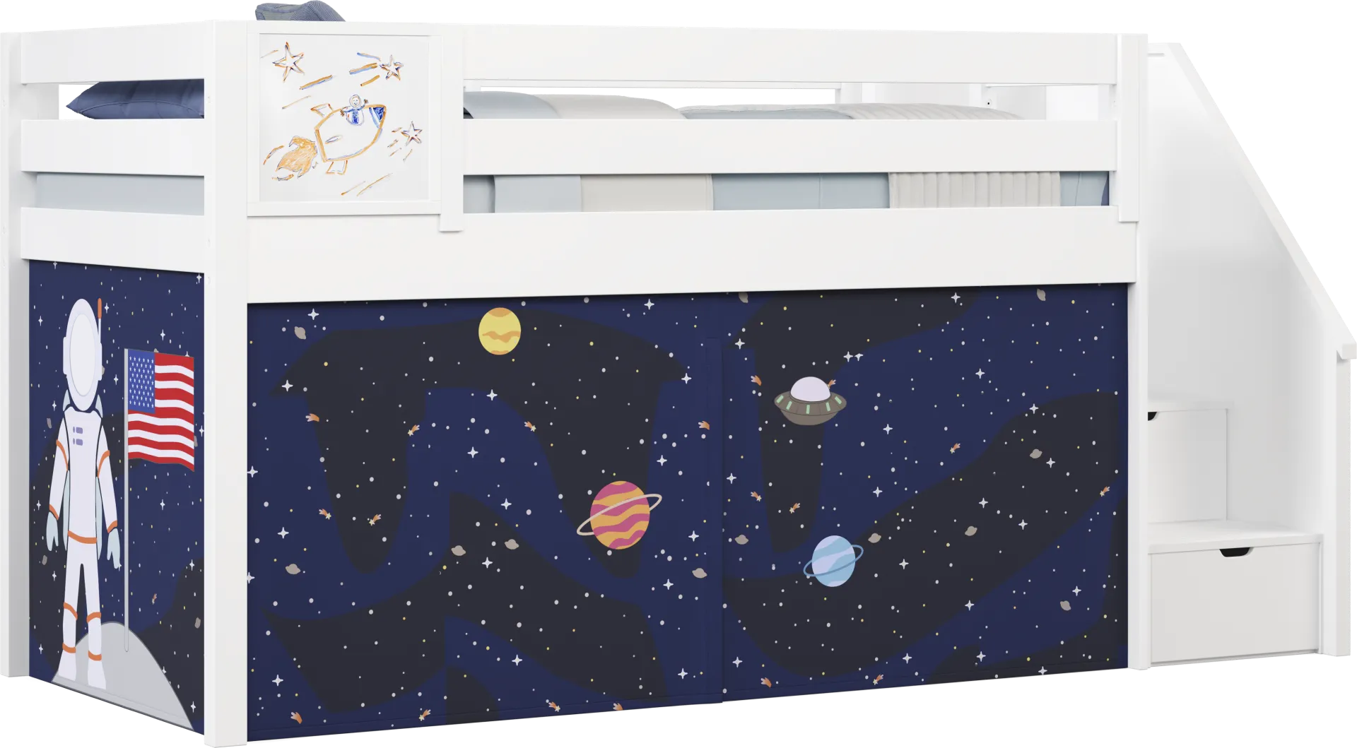 Kids Blast Off White Twin Step Loft Bed with Activity Panel - Image 2