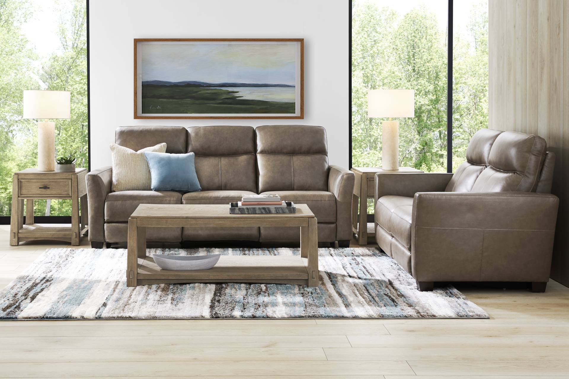 Maestro Mushroom Leather 5 Pc Living Room with Dual Power Reclining Sofa full room