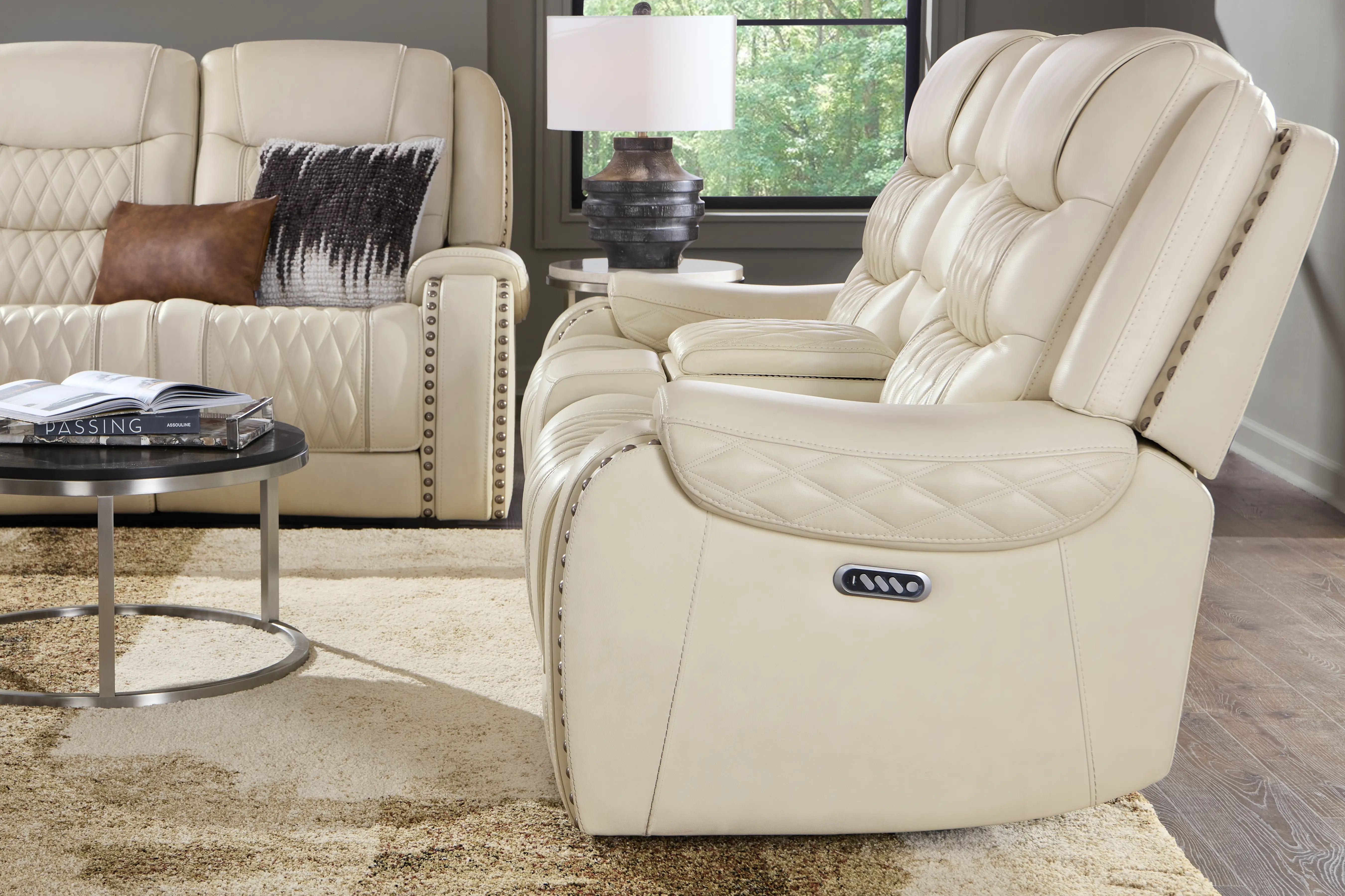 Marquee Cream Leather Triple Power Reclining Loveseat - Thumbnail - Image 4