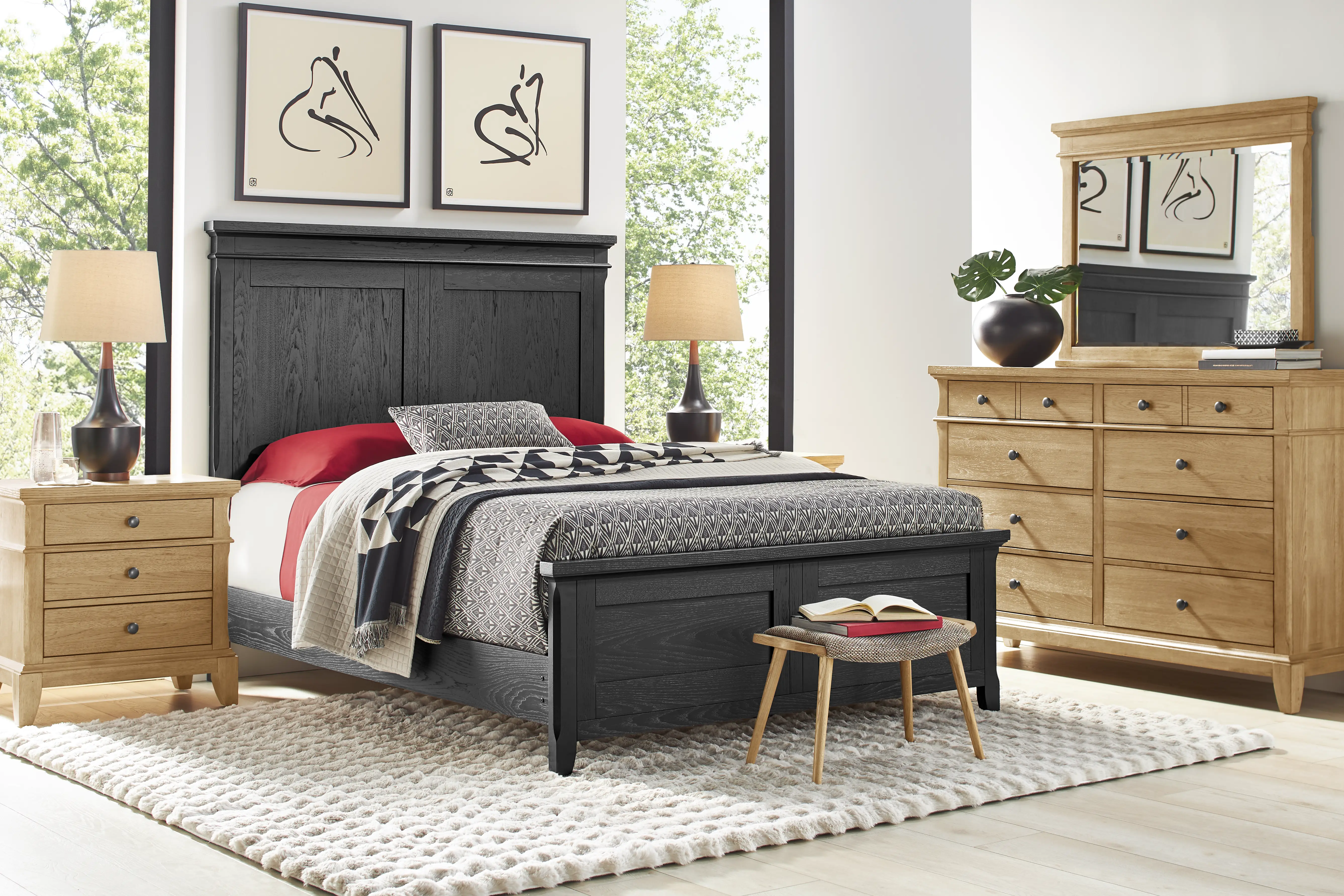 Springville Natural 5 Pc Queen Bedroom with Black Panel Bed - Thumbnail - Image 1