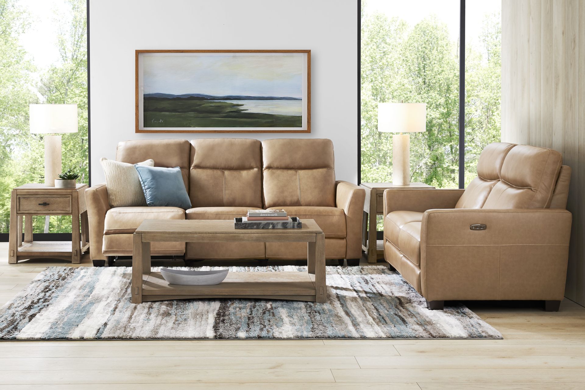 Maestro Sand Leather 5 Pc Dual Power Reclining Living Room - Image 1