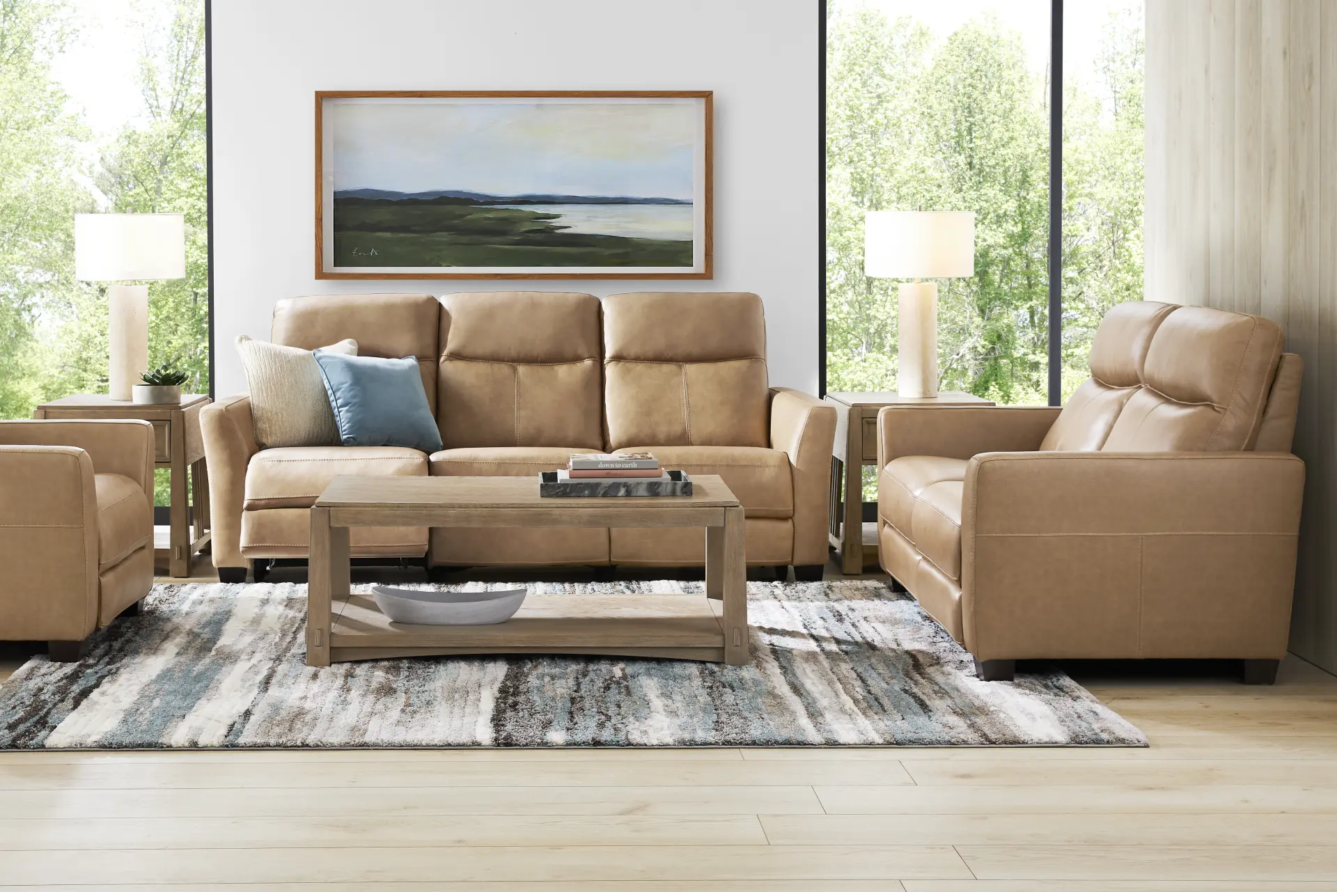 Maestro Sand Leather 7 Pc Living Room with Dual Power Reclining Sofa