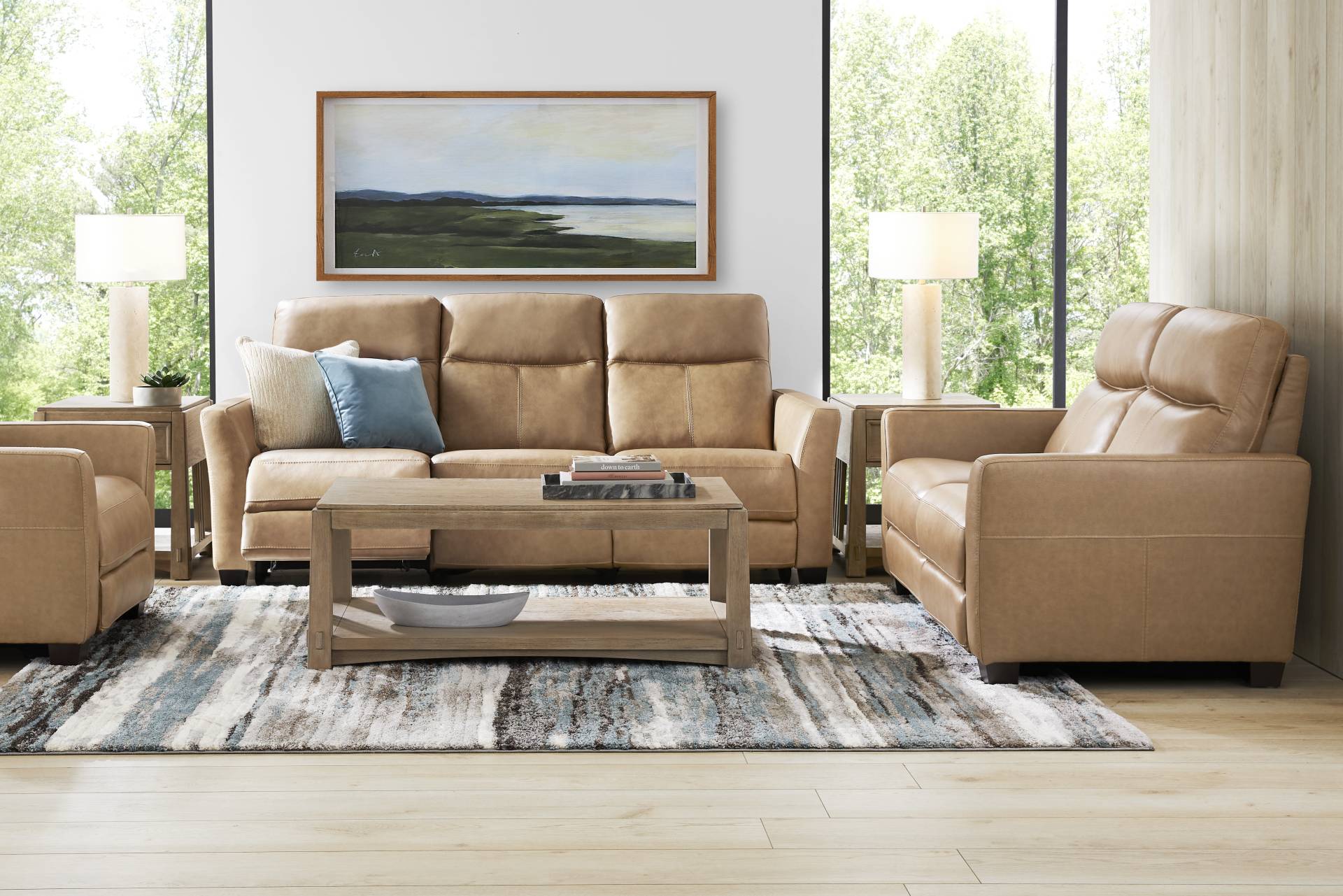 Maestro Sand Leather 7 Pc Living Room with Dual Power Reclining Sofa full room