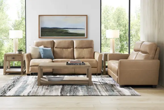 Maestro Sand Leather 5 Pc Living Room with Dual Power Reclining Sofa