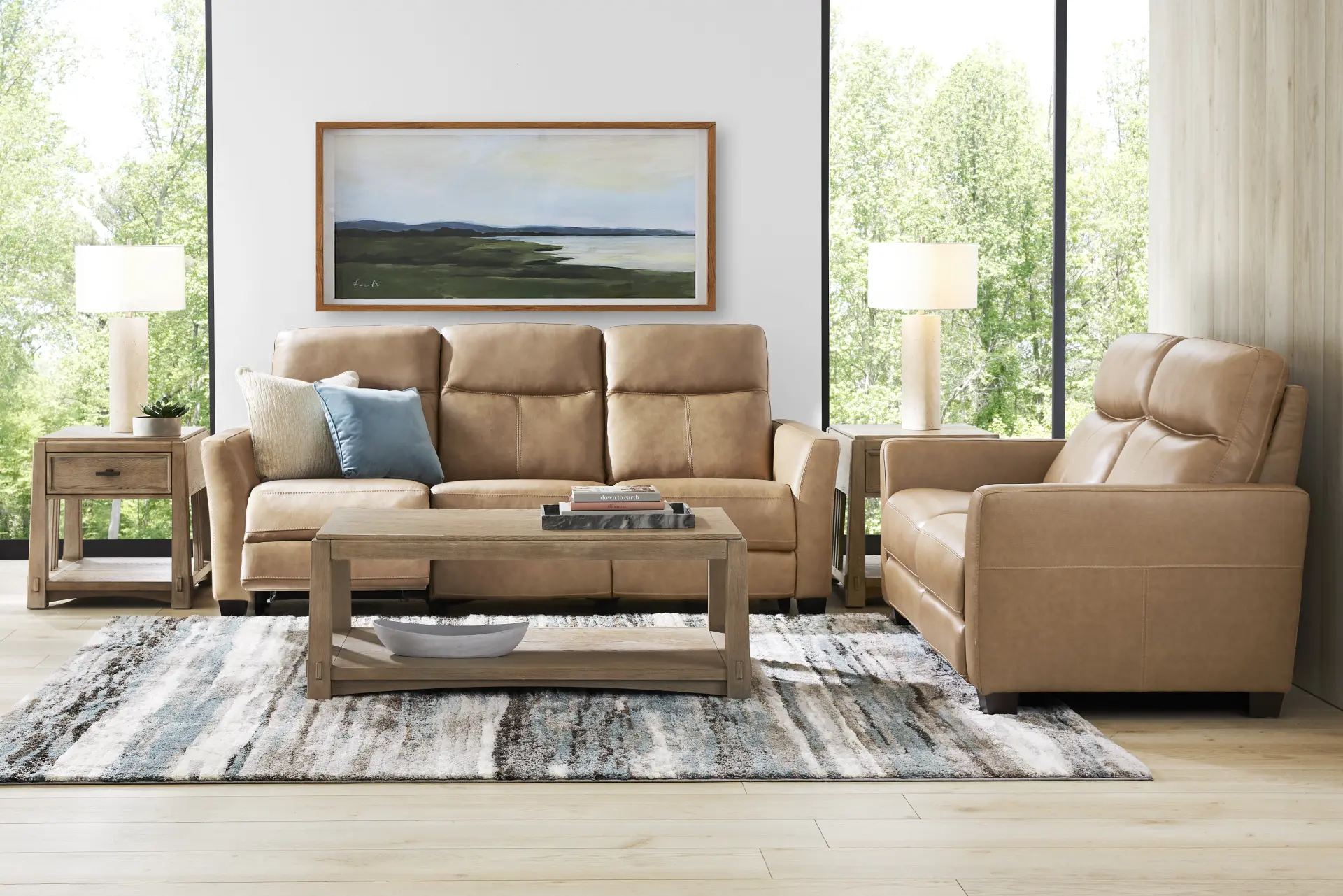 Maestro Sand Leather 5 Pc Living Room with Dual Power Reclining Sofa