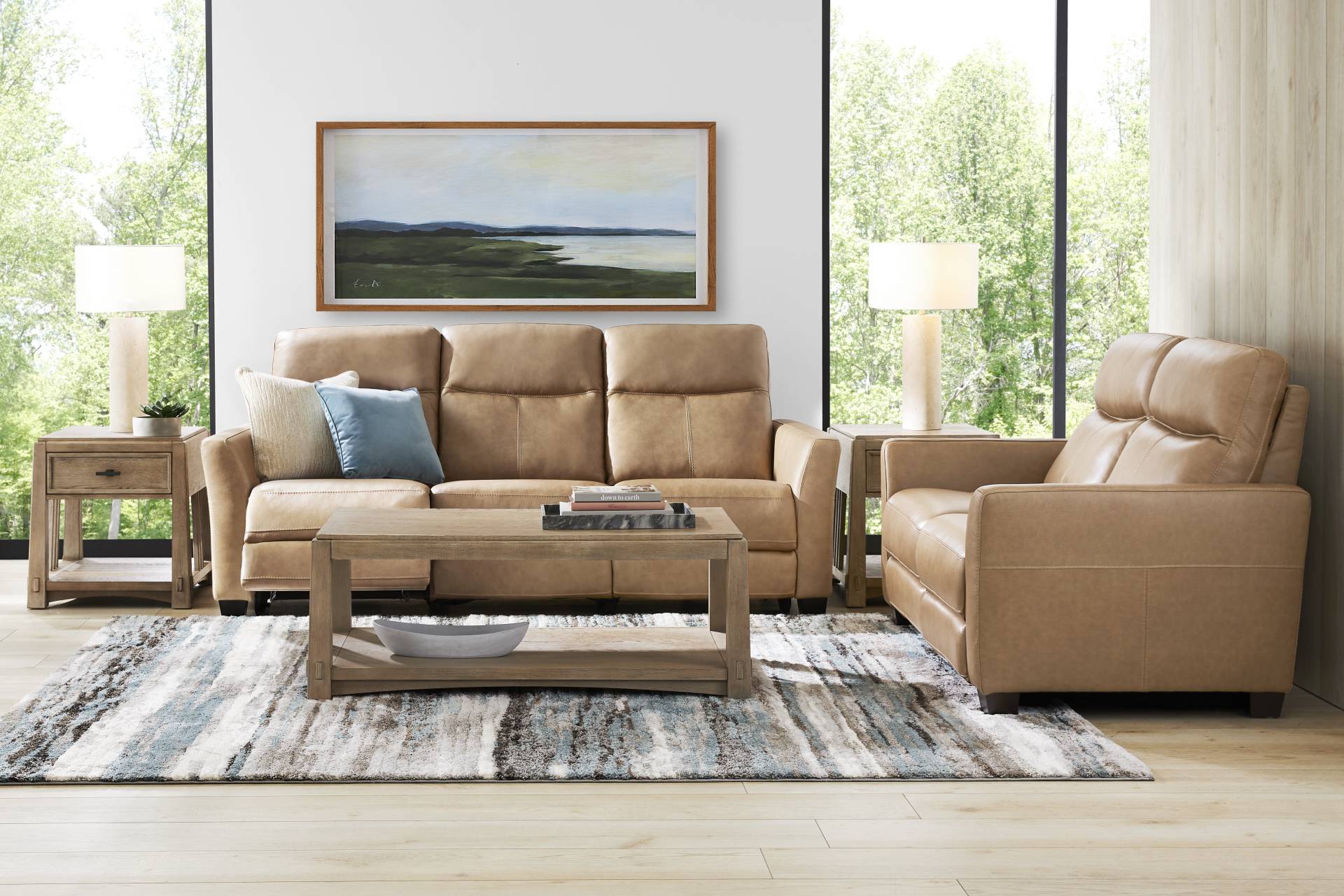 Maestro Sand Leather 5 Pc Living Room with Dual Power Reclining Sofa full room