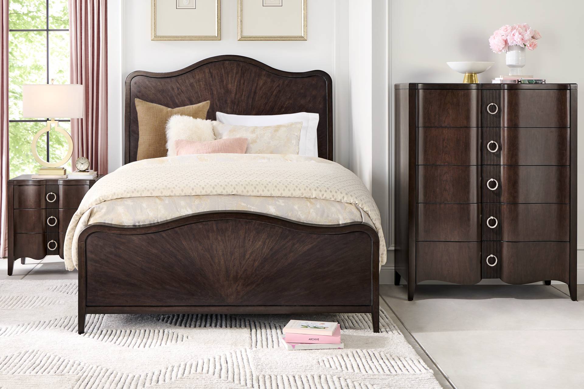 Bradbury Brown Cherry Finish 5 Pc King Panel Bedroom full room