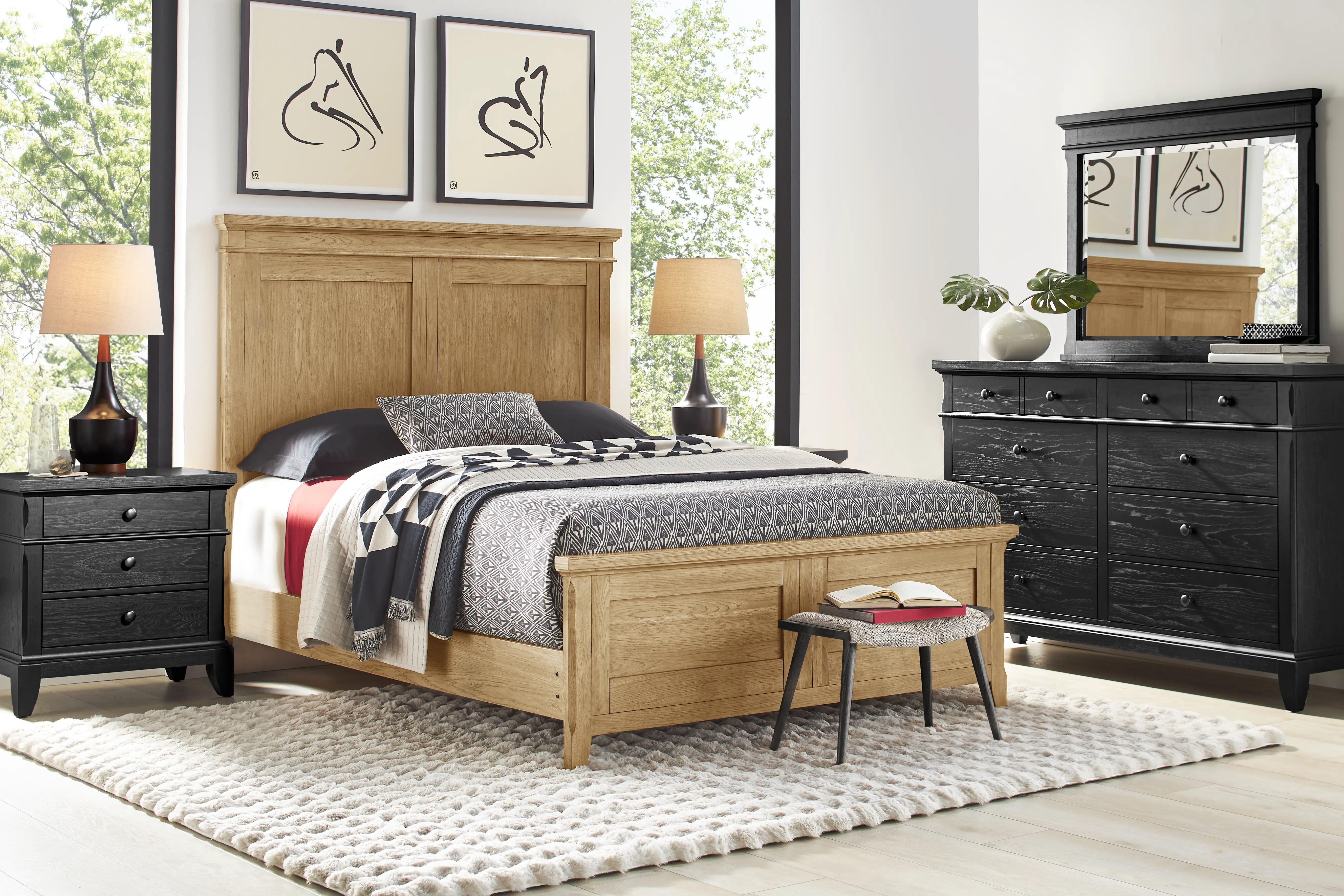 Springville Black 7 Pc Queen Bedroom with Natural Panel Bed - Thumbnail - Image 1