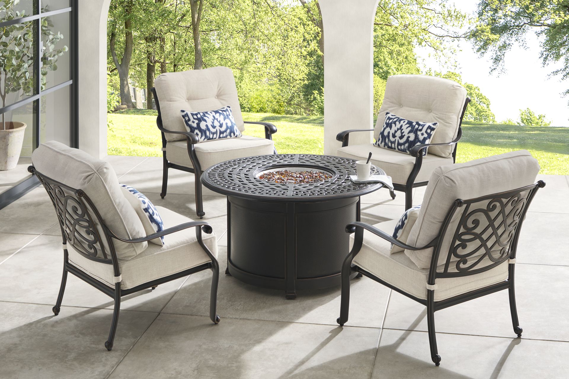 Carina Bronze 5 Pc Outdoor Fire Pit Seating Set with Desert Cushions - Image 1