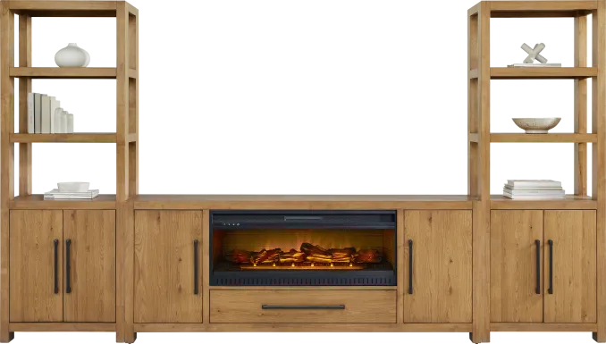 Ithaca Natural 3 Pc Wall Unit with 80 in. Console and Electric Log Fireplace